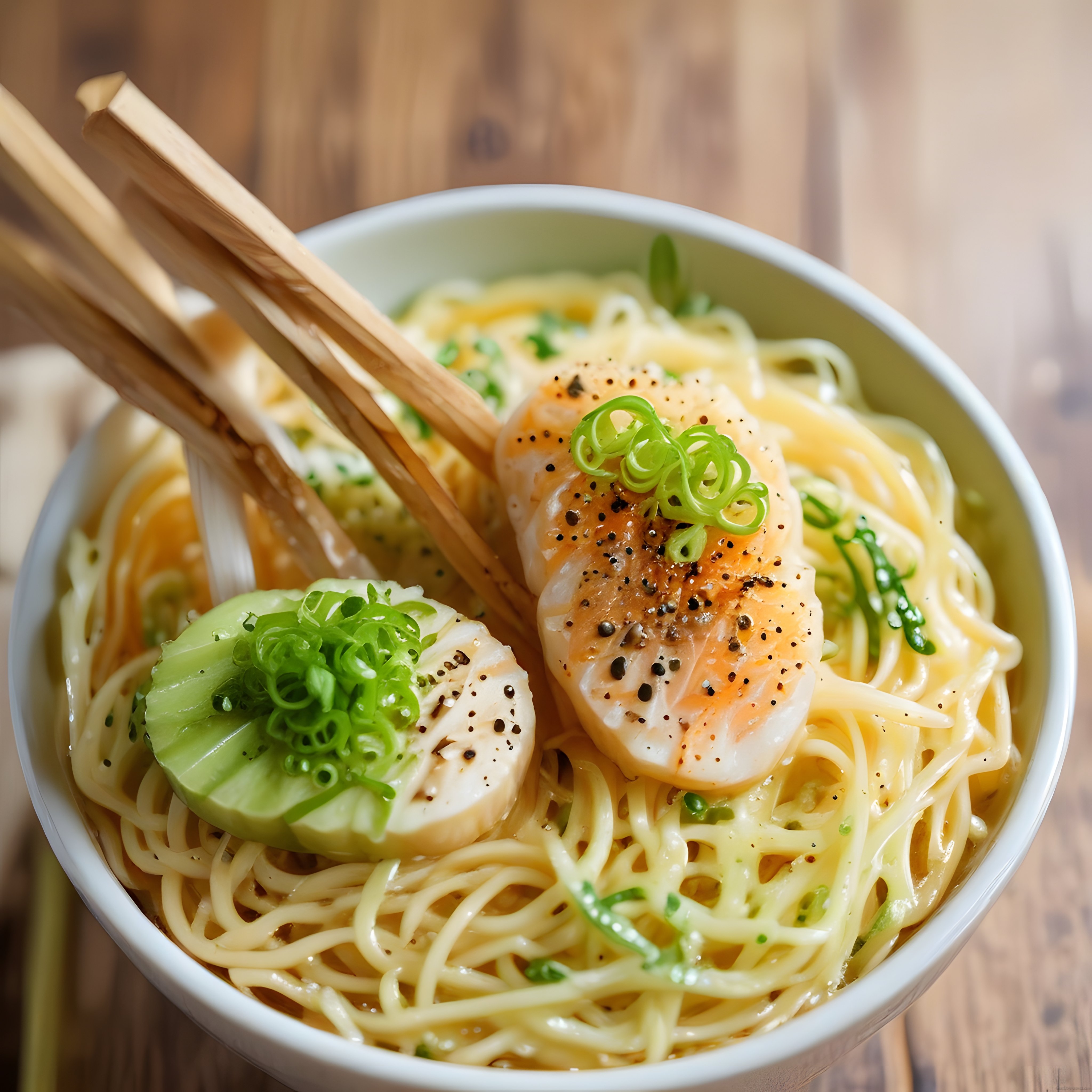 Ahşap Masada Chopsticklerle Sunulan Baharatlı Tavuklu Sıcak Noodle Kasesi