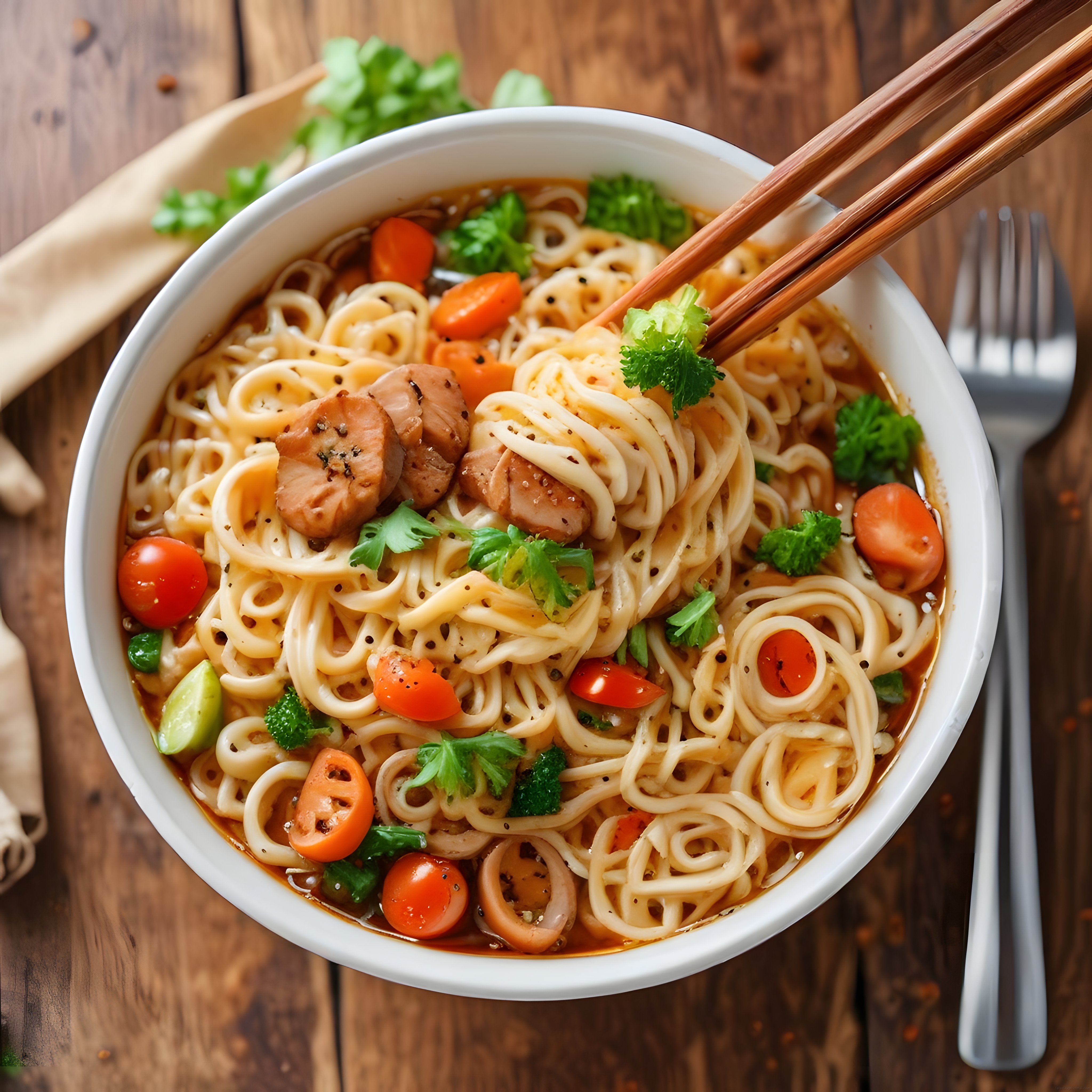 Ahşap Masada Chopstickli Tavuklu Noodle: Baharatlı Asya Çorba Sunumu