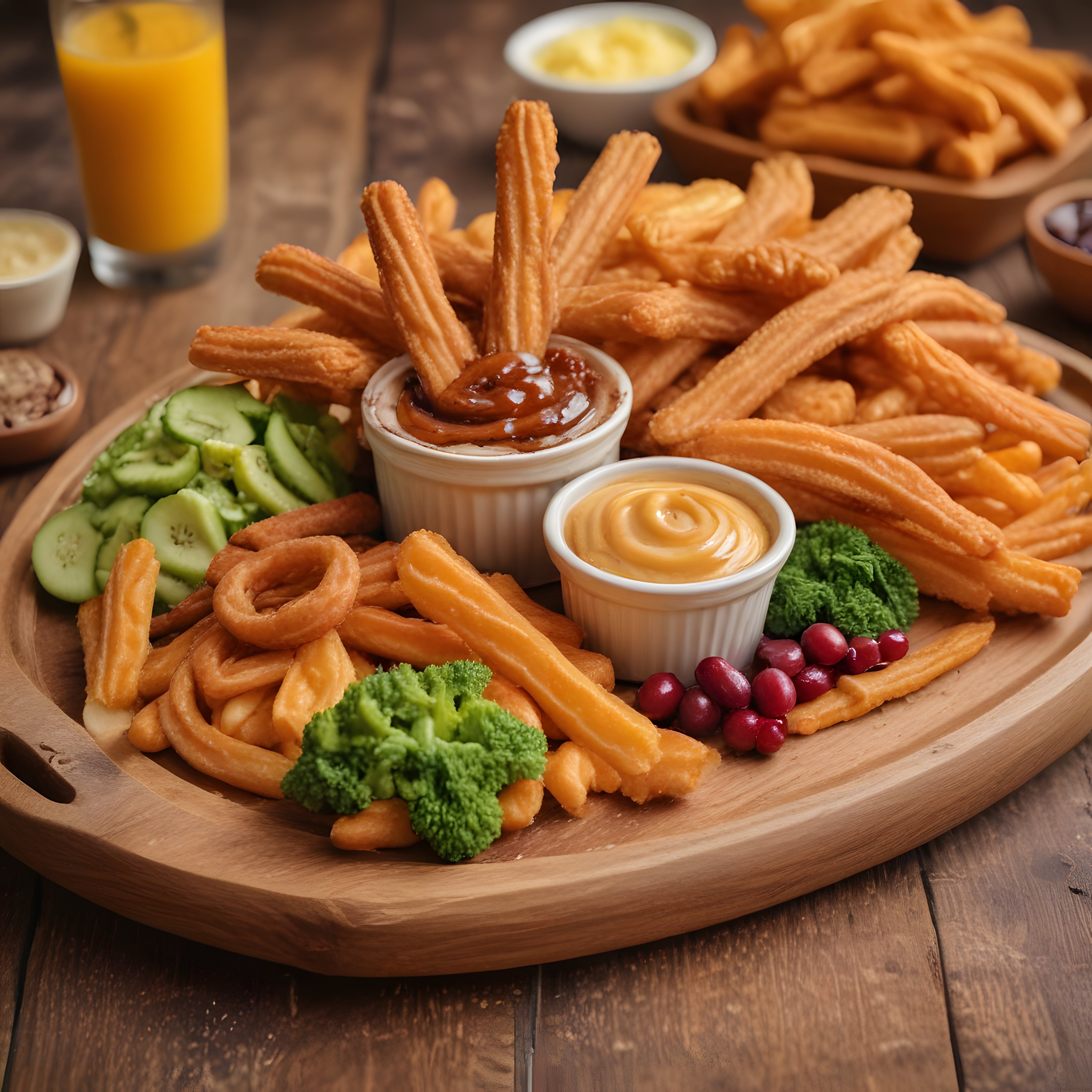 Ahşap Masada Churros Tadında Tatlı Çubuklar ve Soslarla Dolu Kahvaltı Tabağı