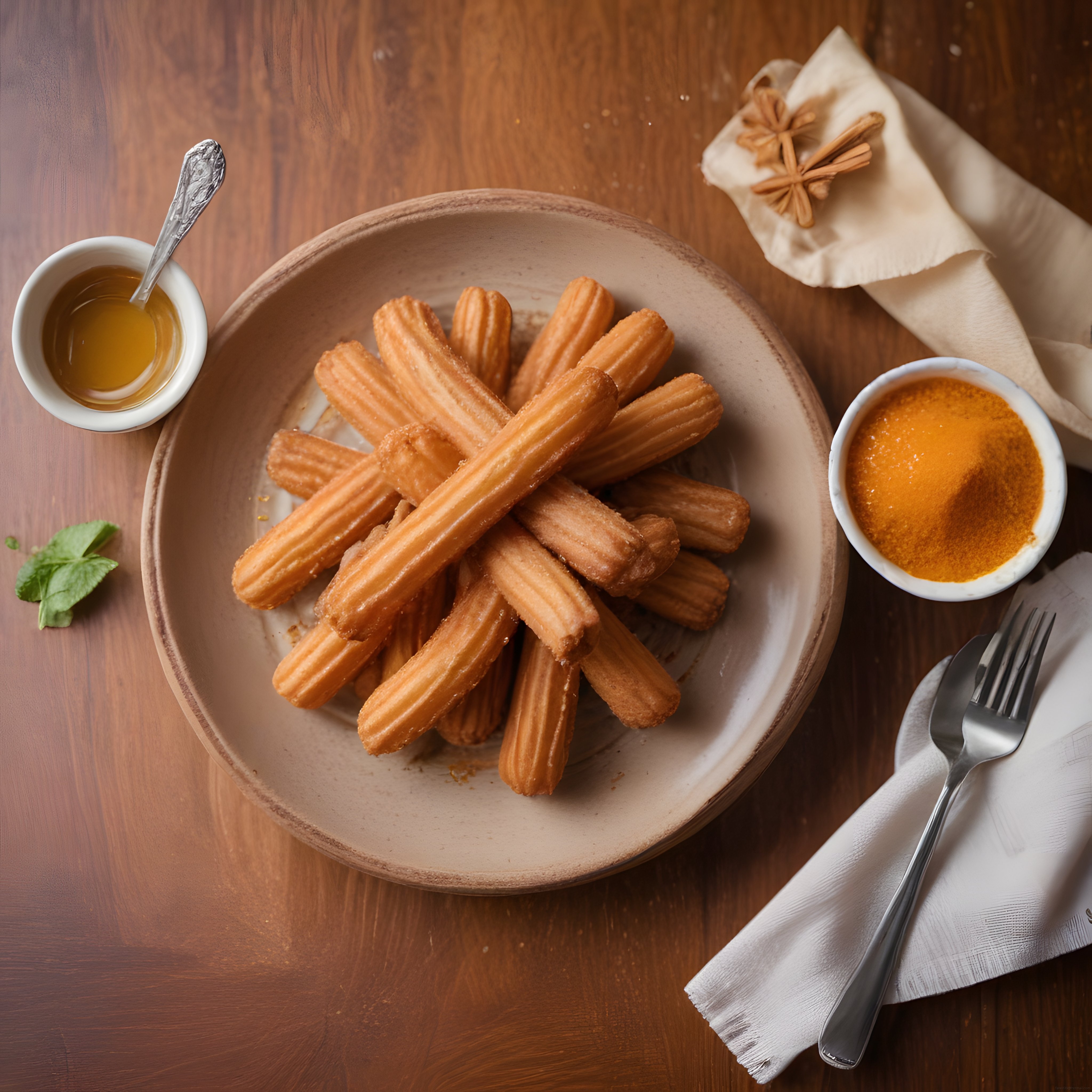 Ahşap Masada Churros, Tarçın Şekeri ve Bal Sosuyla Nefis Tatlı Sunumu