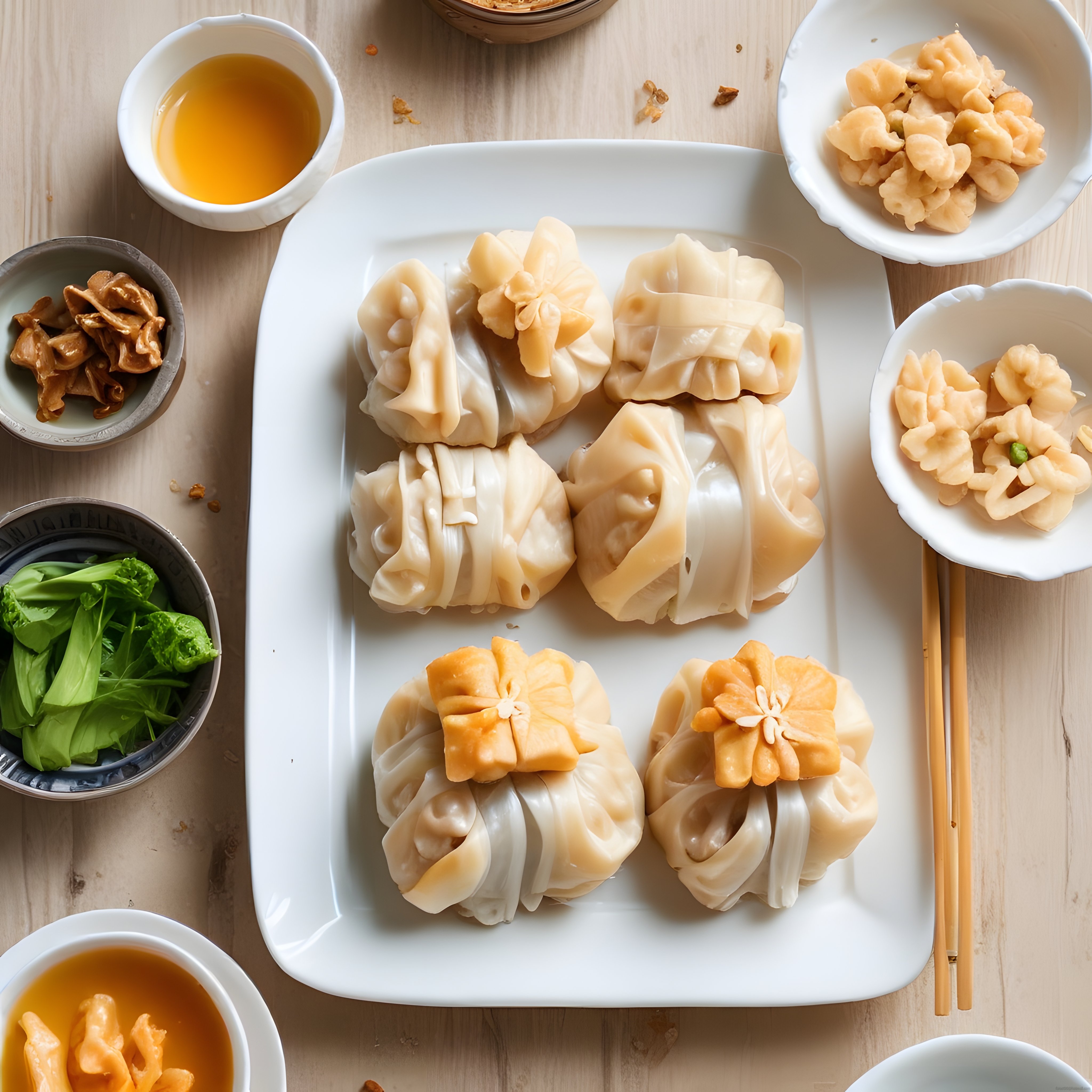 Ahşap Masada Çiçek Şekilli Dim Sum ve Mantı Çeşitleriyle Etnik Sunum
