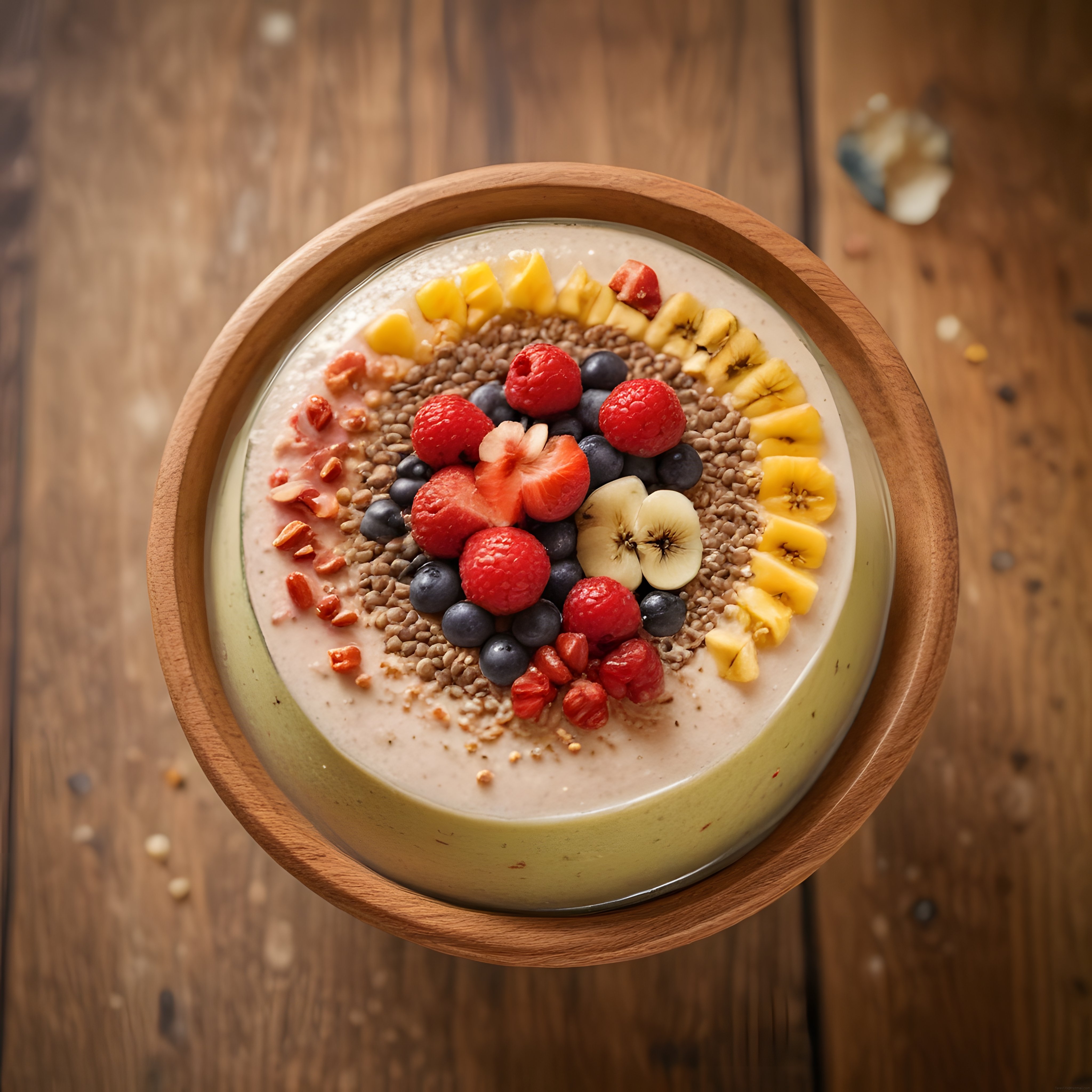 ahşap masada çiçek şeklinde meyveli smoothie bowl kahvaltı tablosu