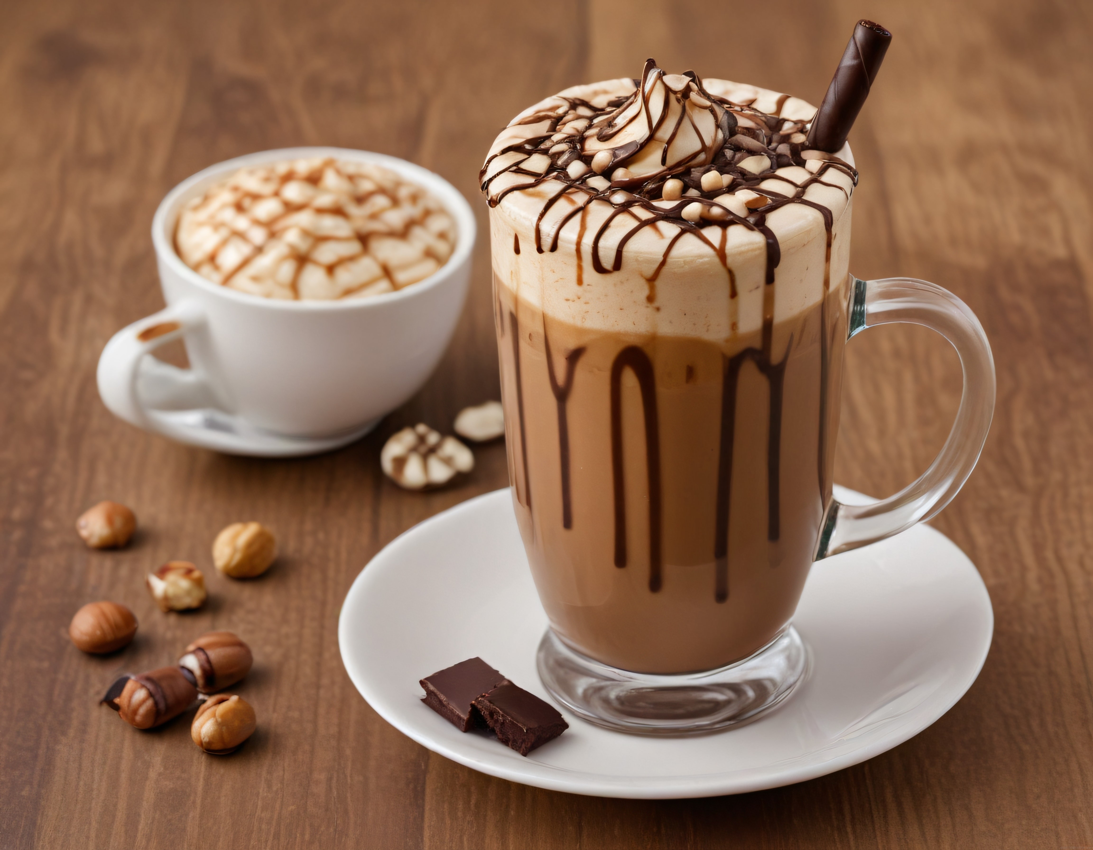 Ahşap Masada Çikolata Soslu Buzlu Kahve ve Karamel Latte Sunumu