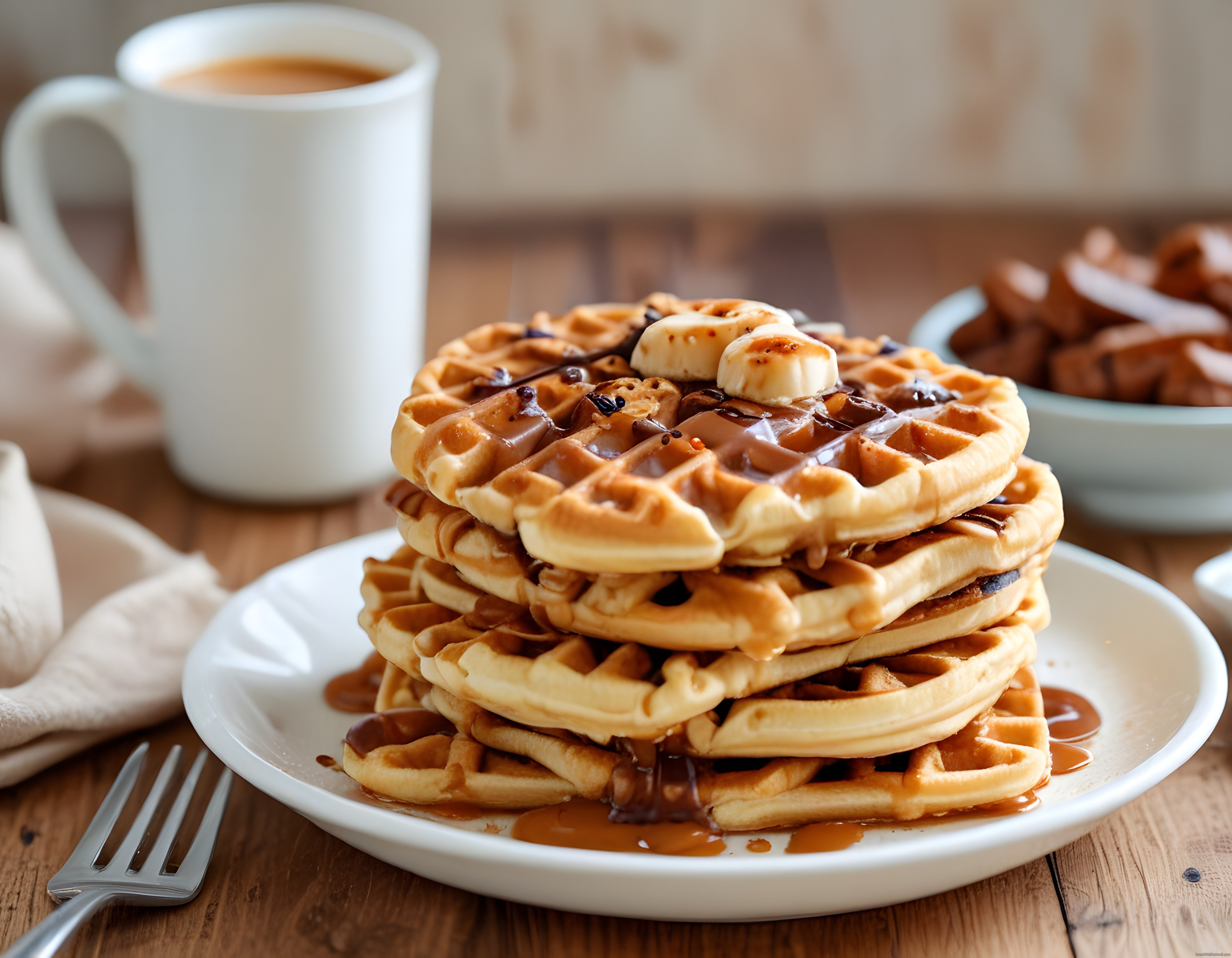 Ahşap Masada Çikolata Soslu Muzlu Waffle ve Sıcak Kahve Eşliği