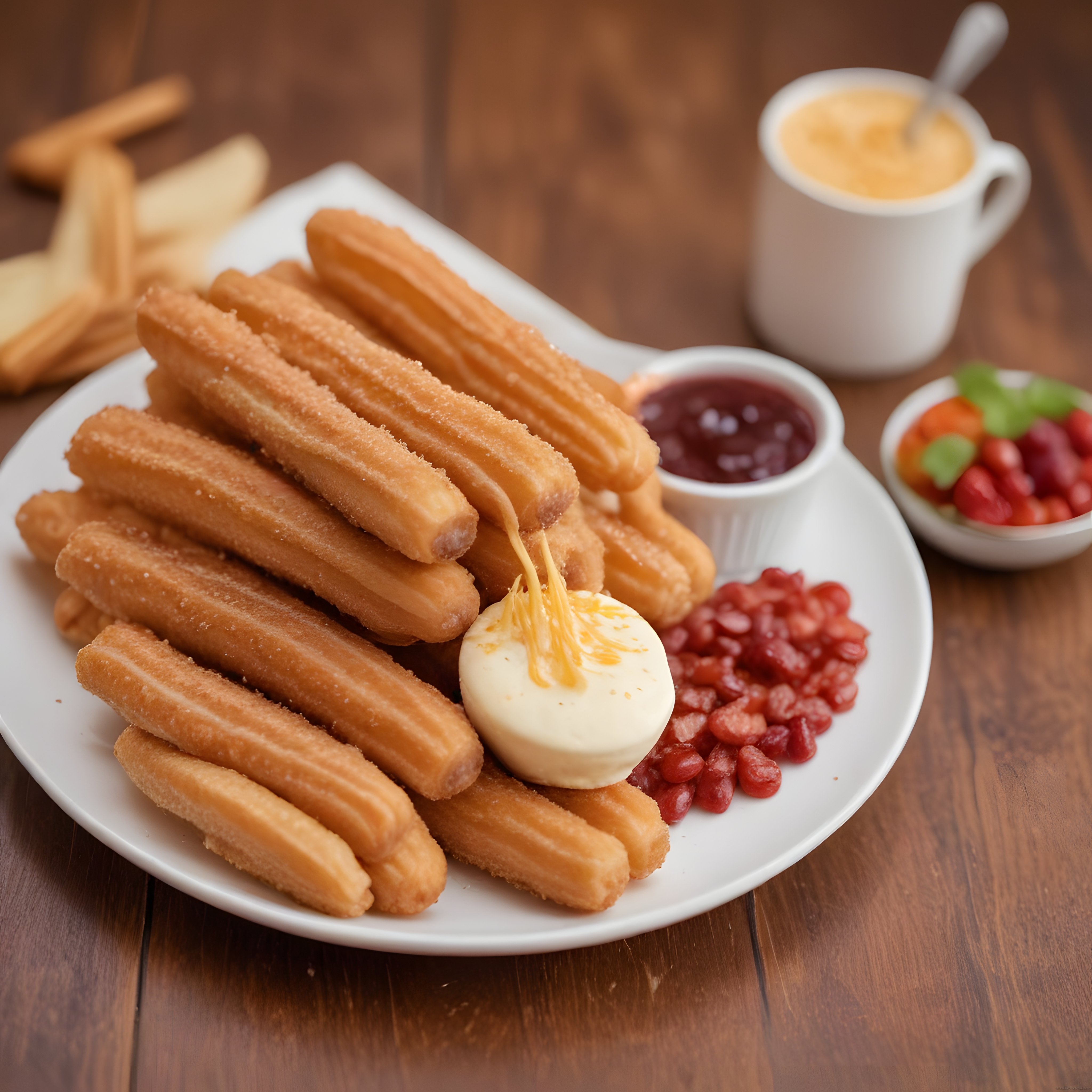 Ahşap Masada Çikolata Soslu ve Taze Meyveli Churro Tatlı Tabağı Sunumu