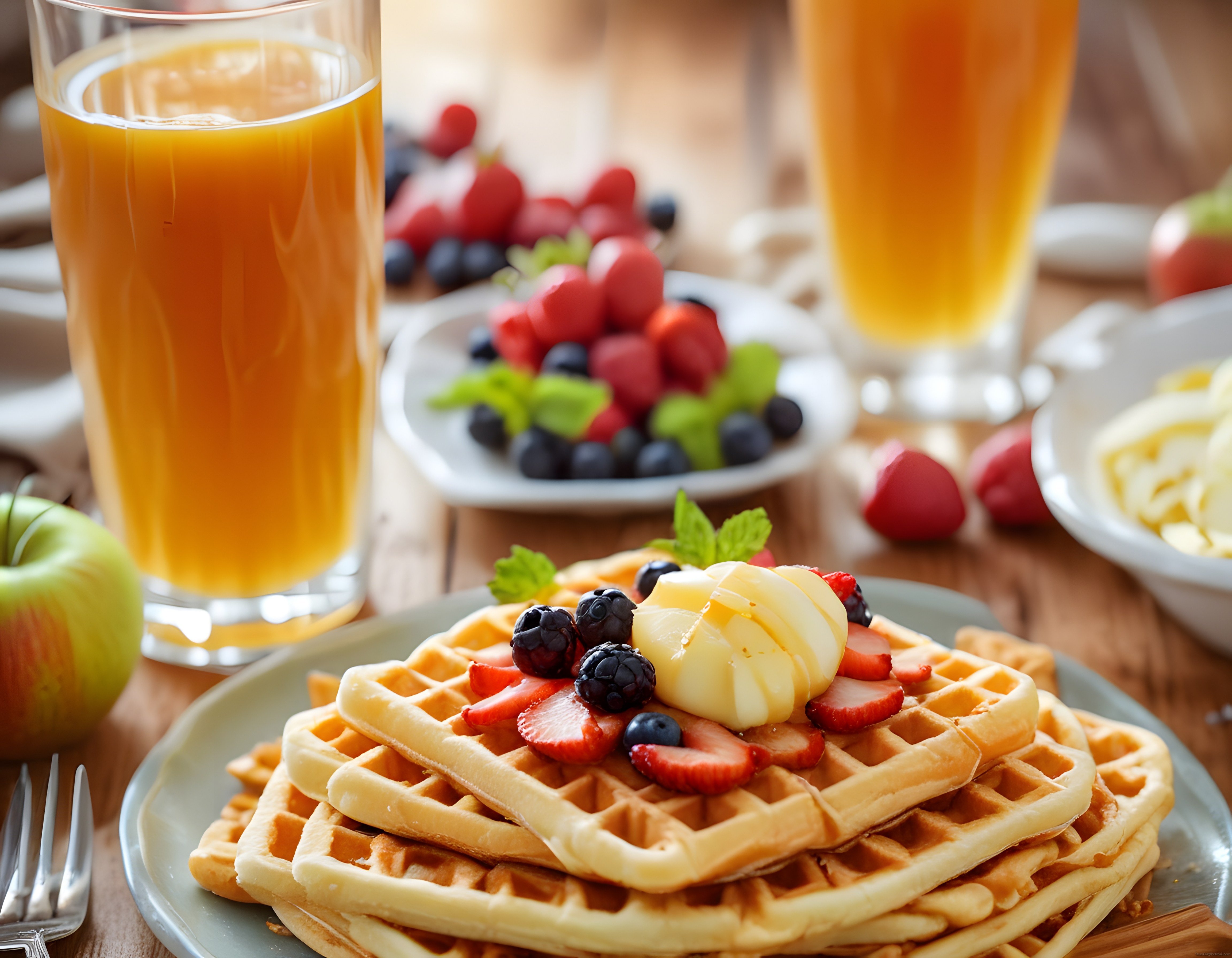 Ahşap Masada Çilekli Böğürtlenli Waffle ve Taze Portakal Suyu