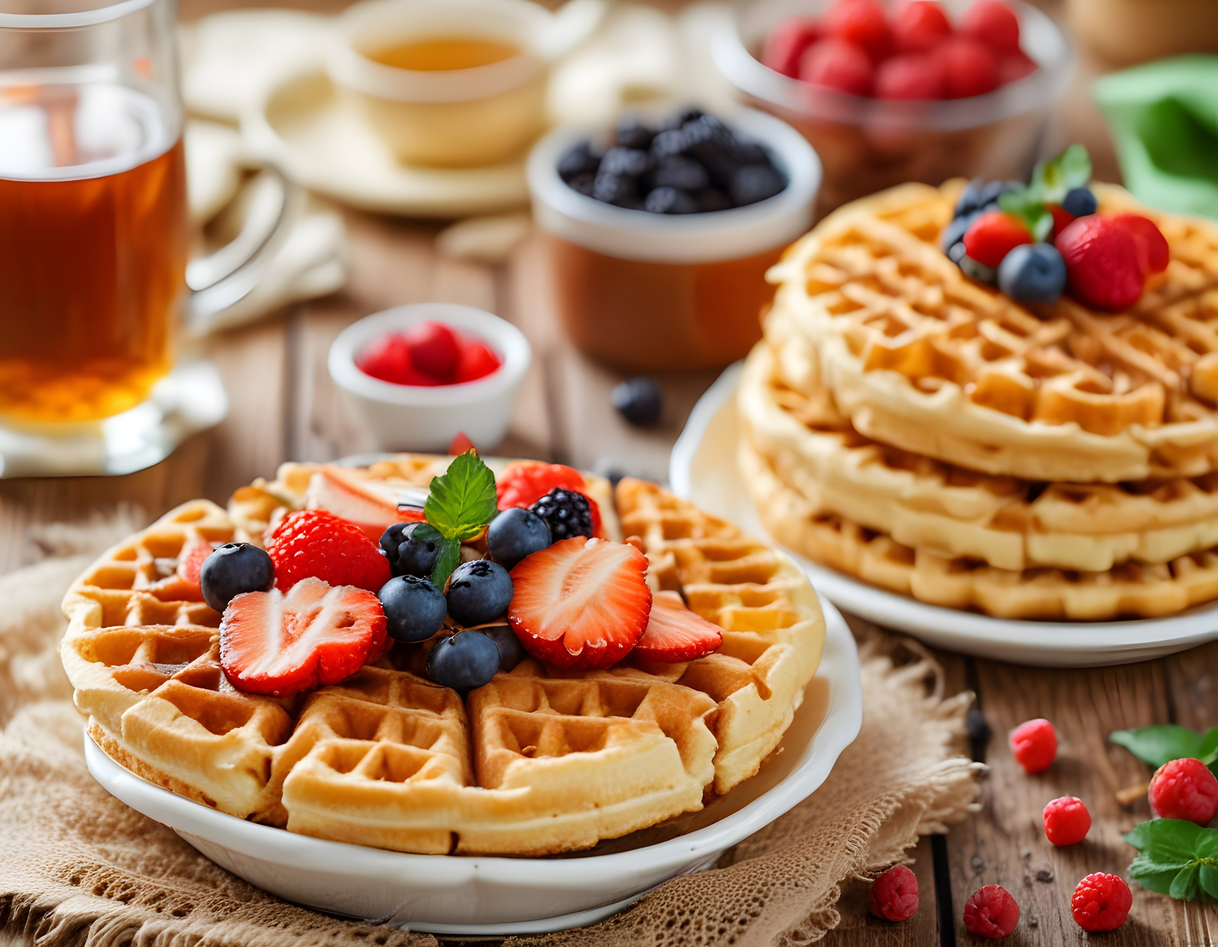 Ahşap Masada Çilekli Yaban Mersinli Waffle ve Sıcak Çay ile Kahvaltı