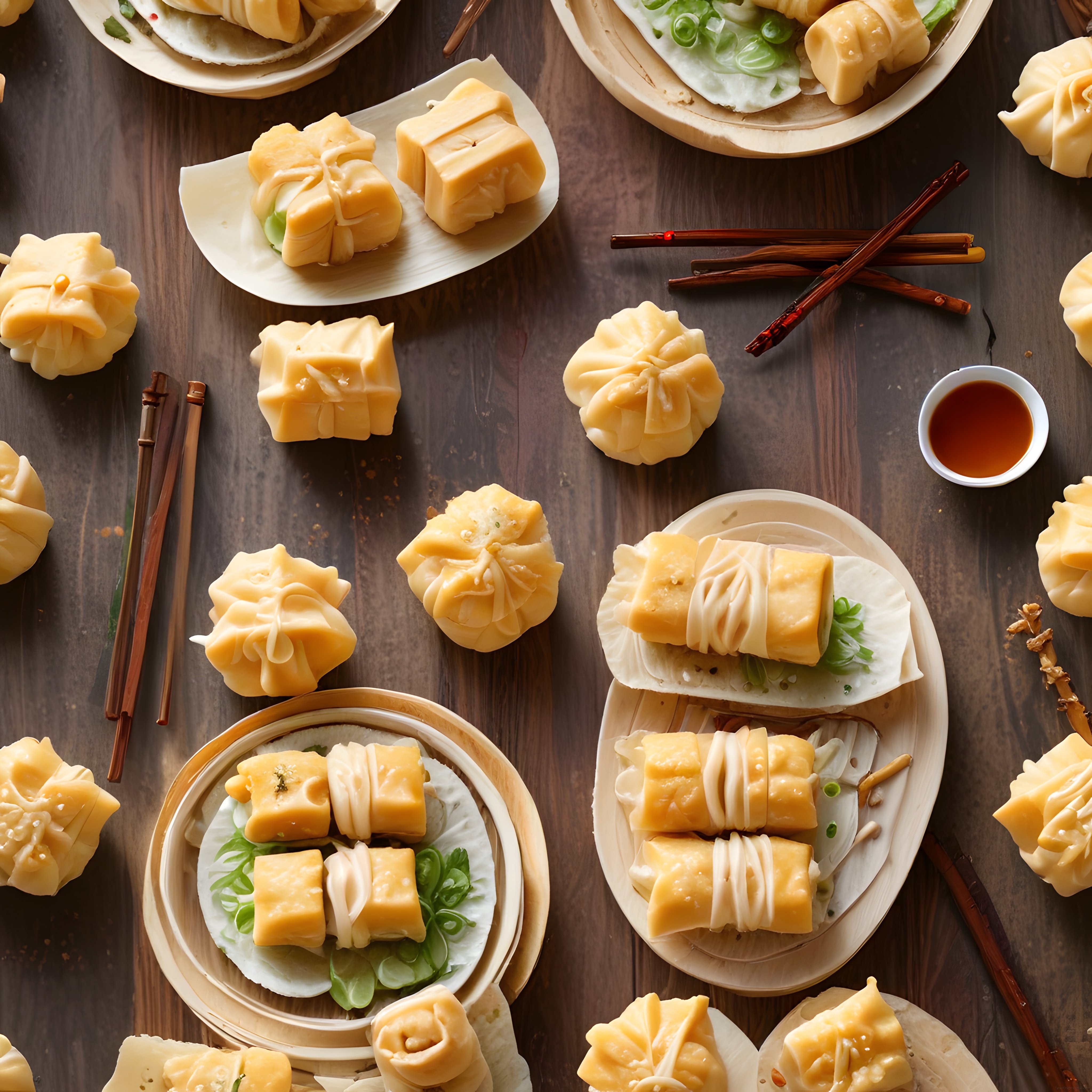 Ahşap Masada Çin Mantısı Sunumu: Dim Sum, Wonton ve Soya Sosu Eşliğinde