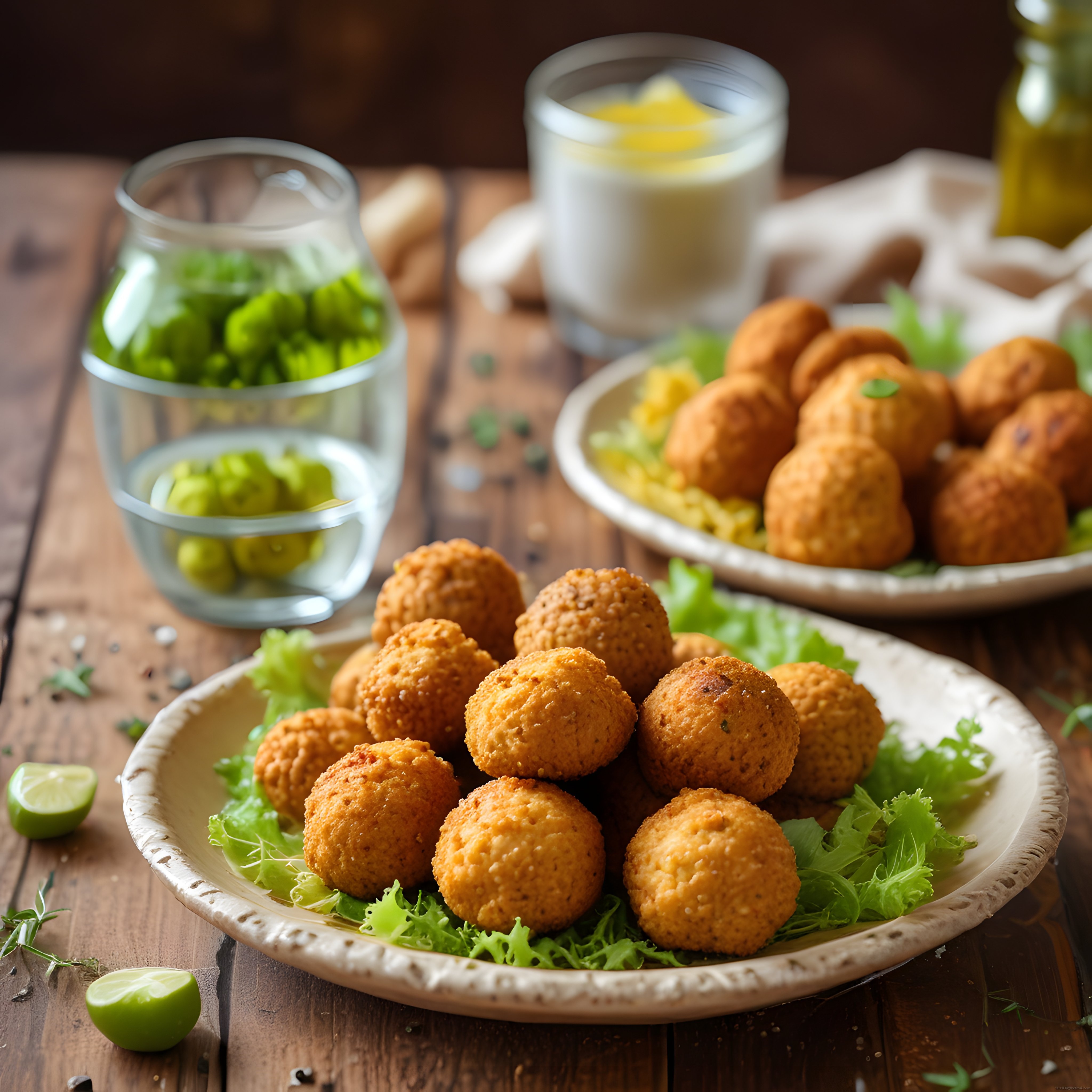 Ahşap Masada Çıtır Falafel Topları, Yeşil Zeytin ve Dip Sosu ile Şık Sunum