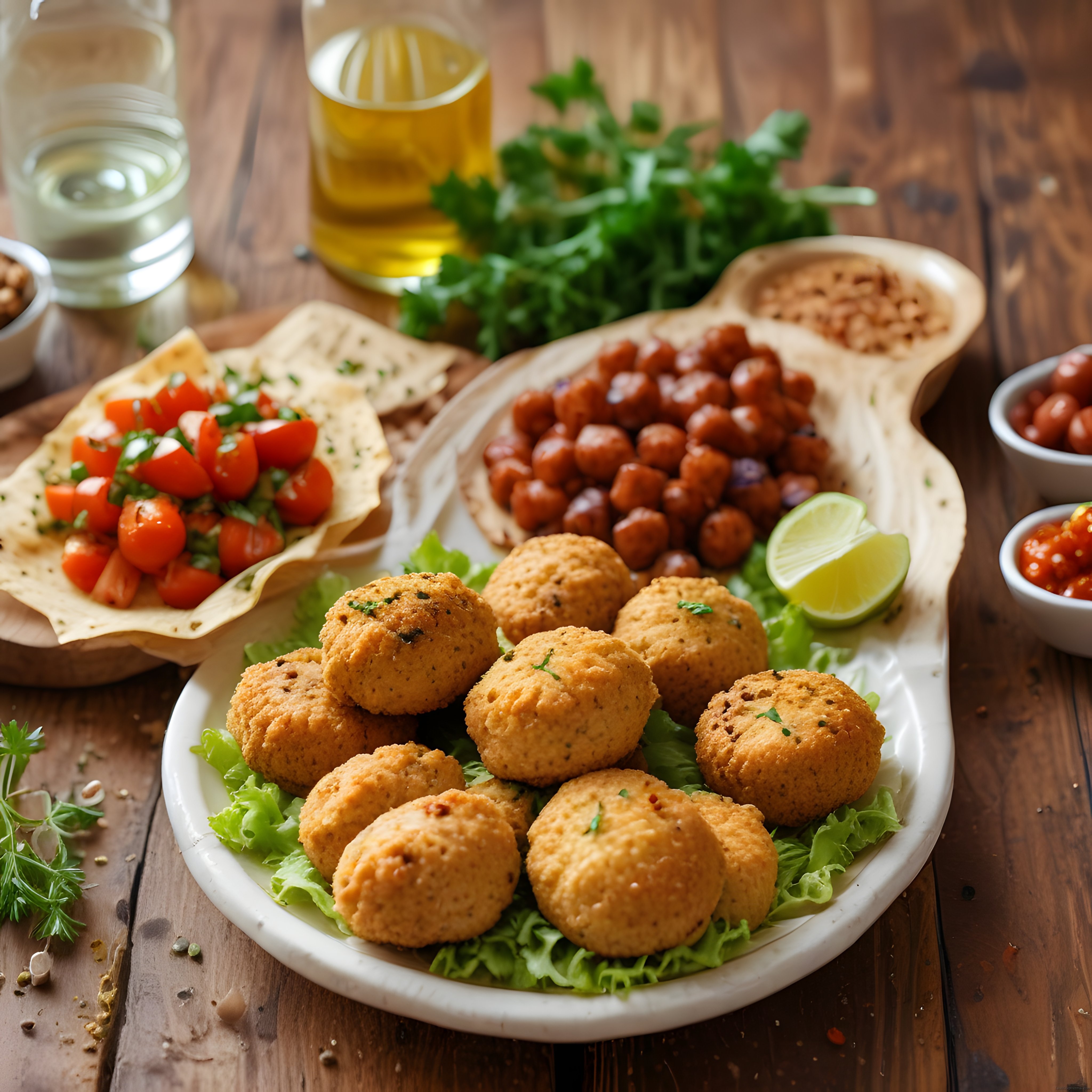 Ahşap Masada Çıtır Falafel ve Taze Soslarla Renkli Meze Sunumu