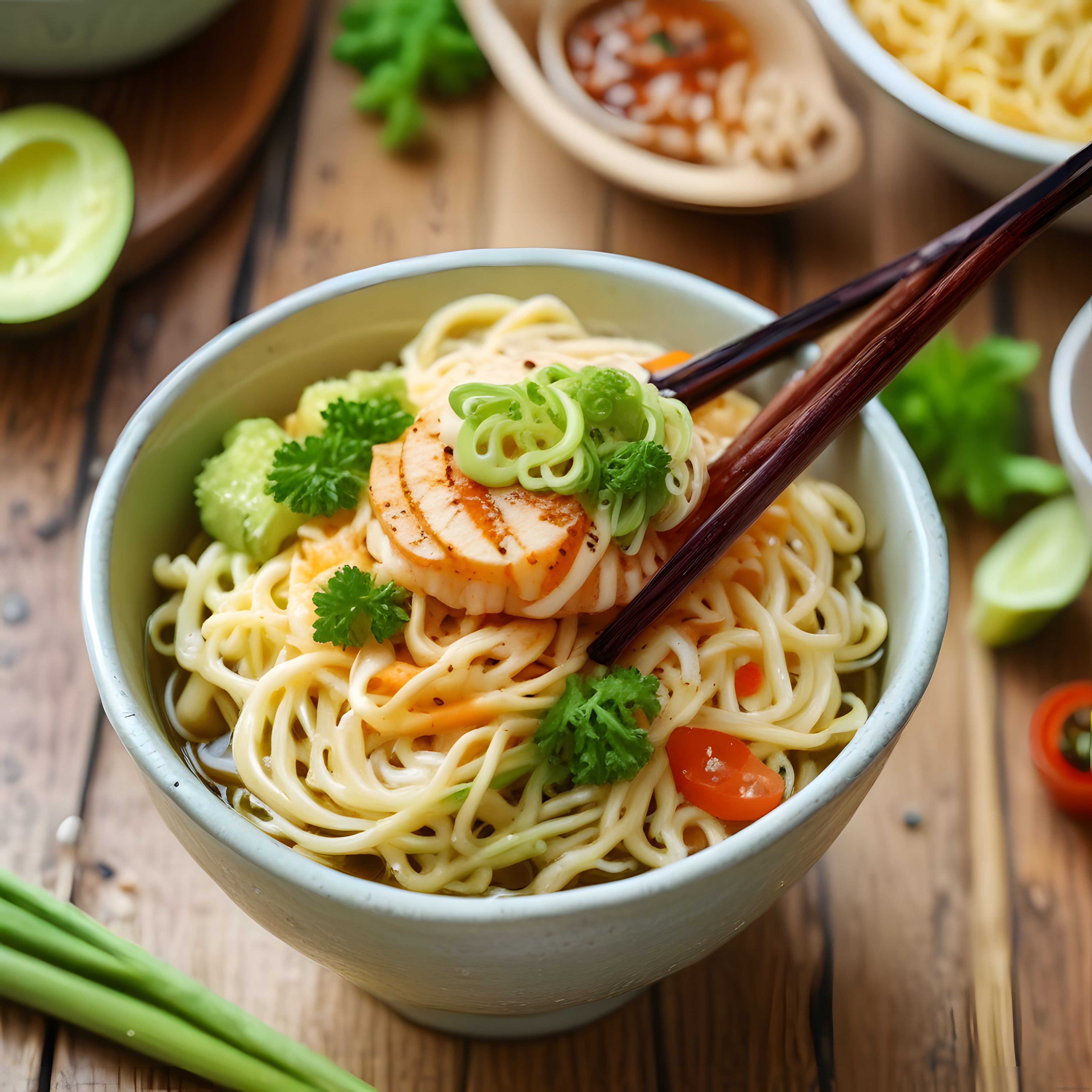 ahşap masada çubuklarla servis edilen tavuklu ve avokadolu noodle kasesi
