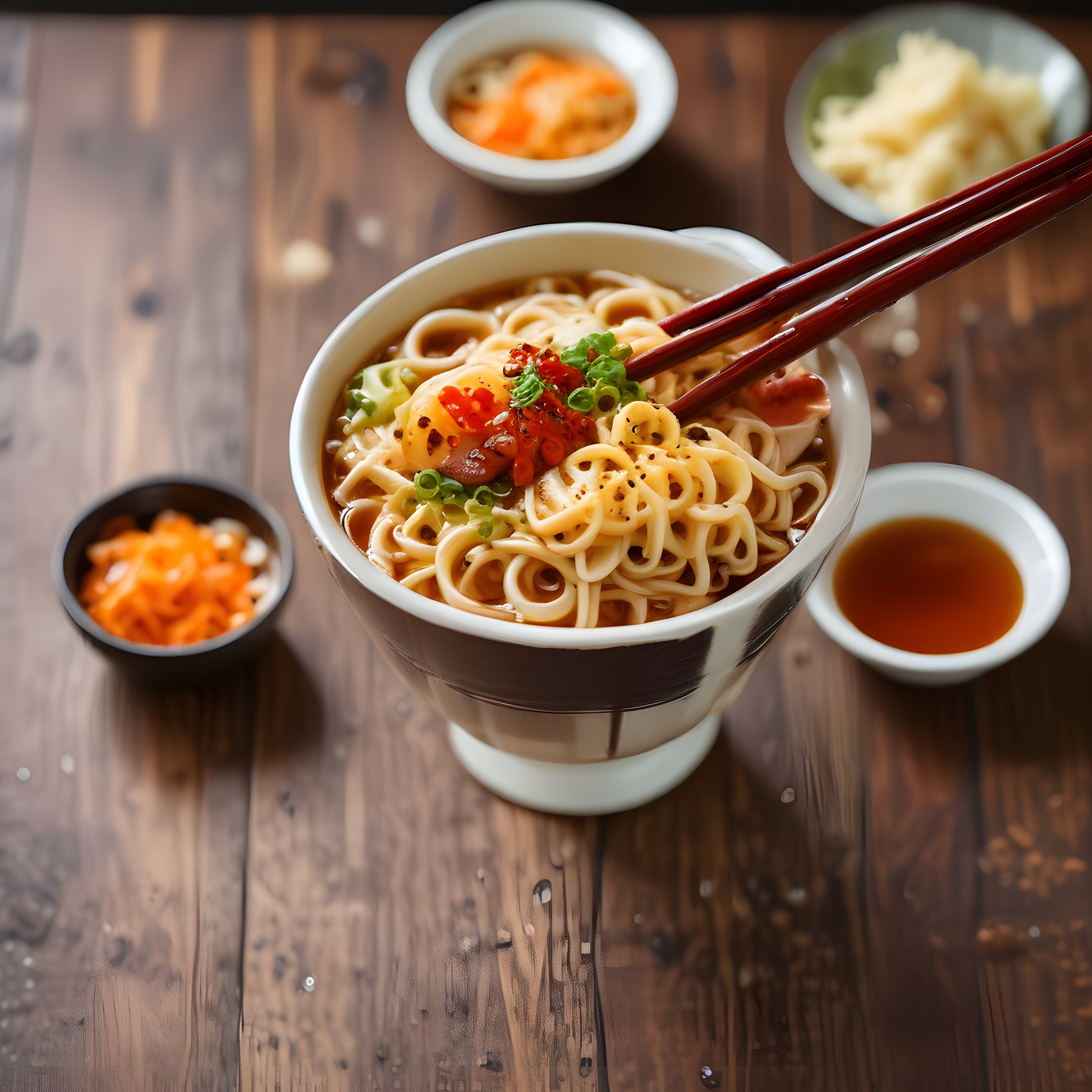 Ahşap masada çubuklarla servis edilmiş baharatlı noodle kasesi ve yan lezzetler