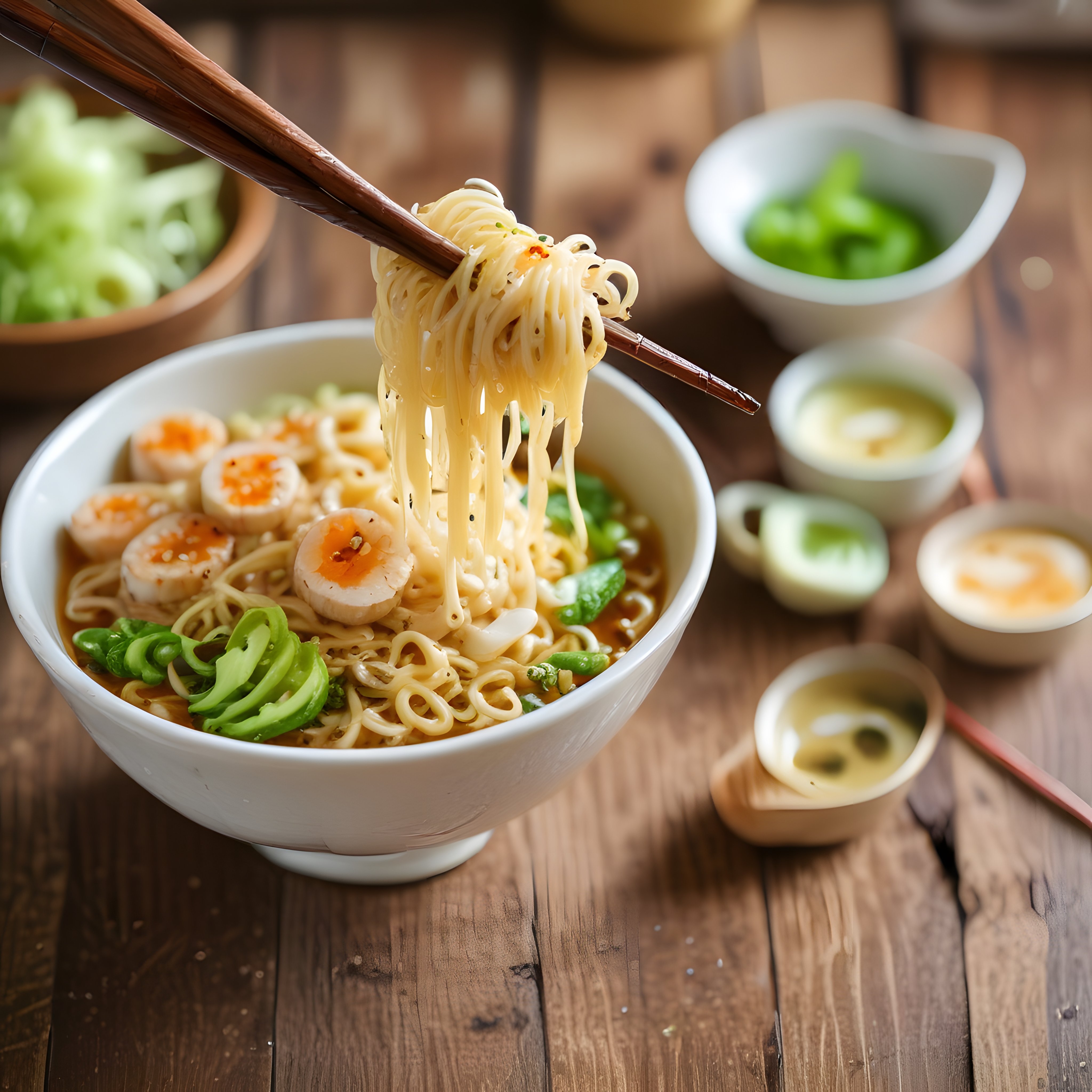 Ahşap masada çubuklarla tutulan lezzetli ramen noodle kasesi fotoğrafı