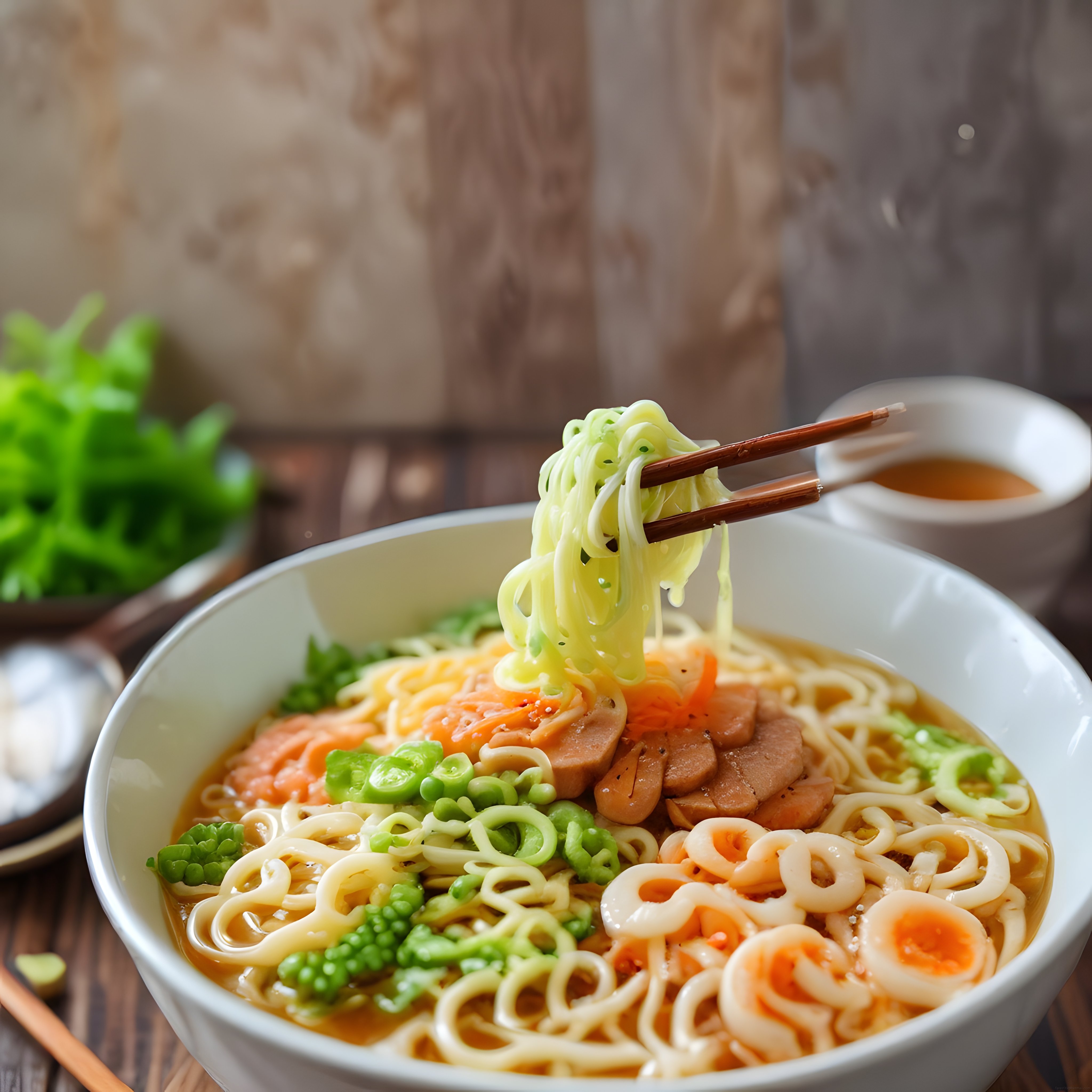 Ahşap Masada Çubuklarla Tutulan Sebzeli ve Yumurtalı Sıcak Ramen Kasesi