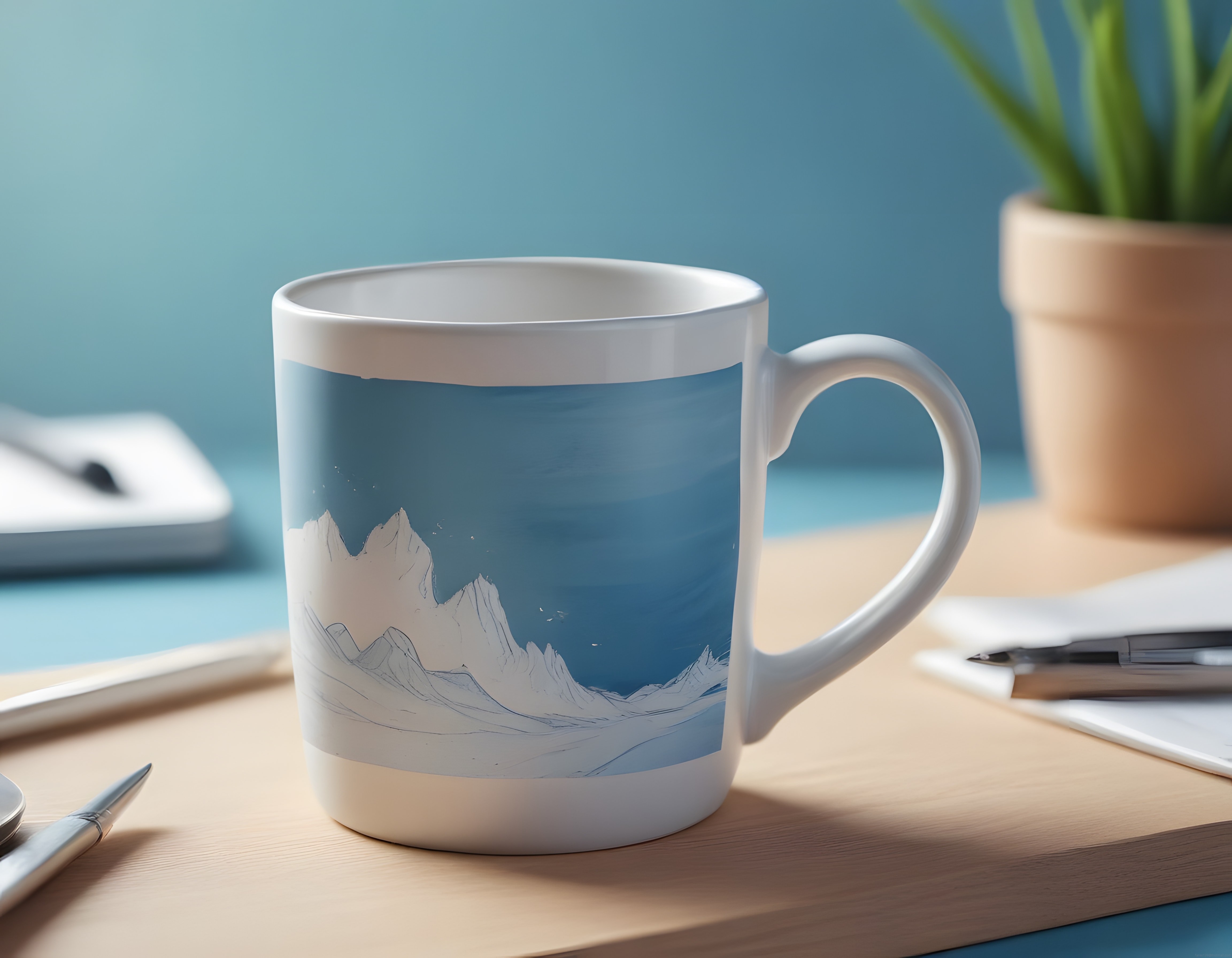 Ahşap Masada Dağ Motifli Minimalist Kupa ve Modern Ofis Aksesuarları