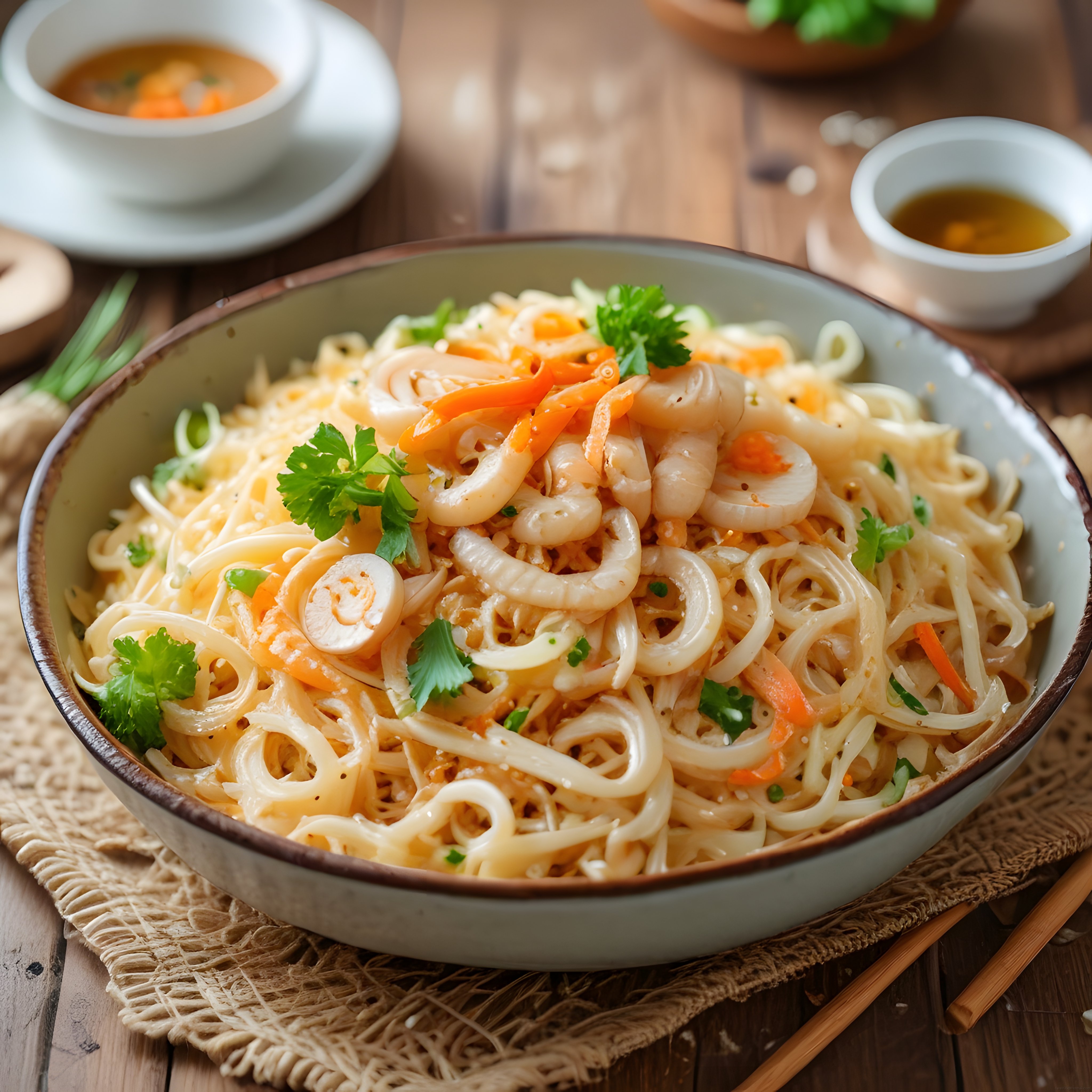 Ahşap Masada Deniz Mahsüllü ve Sebzeli Noodle Kasesi Yanında Soslar
