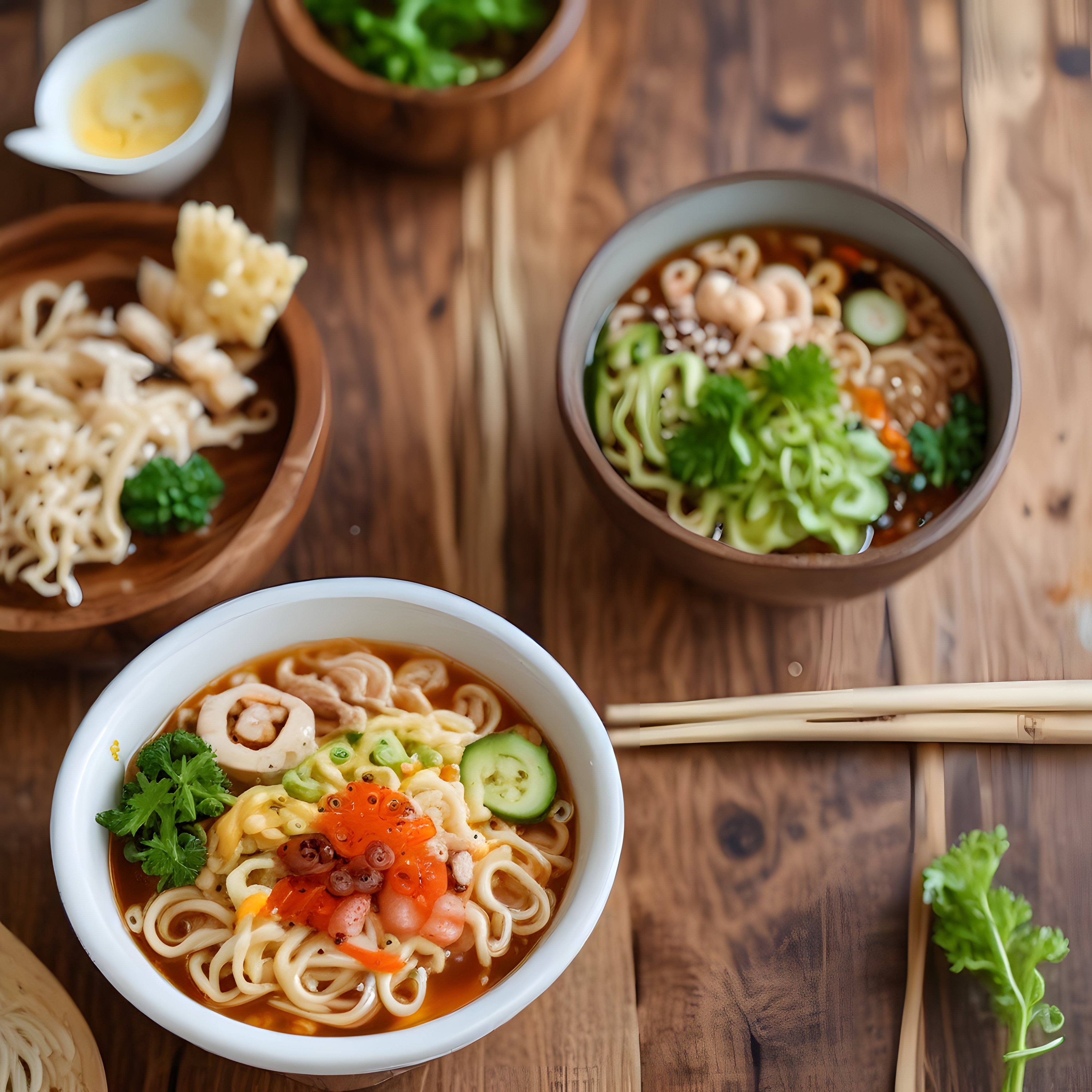 Ahşap Masada Deniz Ürünlü Ramen ve Noodle Çorbası: Asya Mutfağı Sunumu