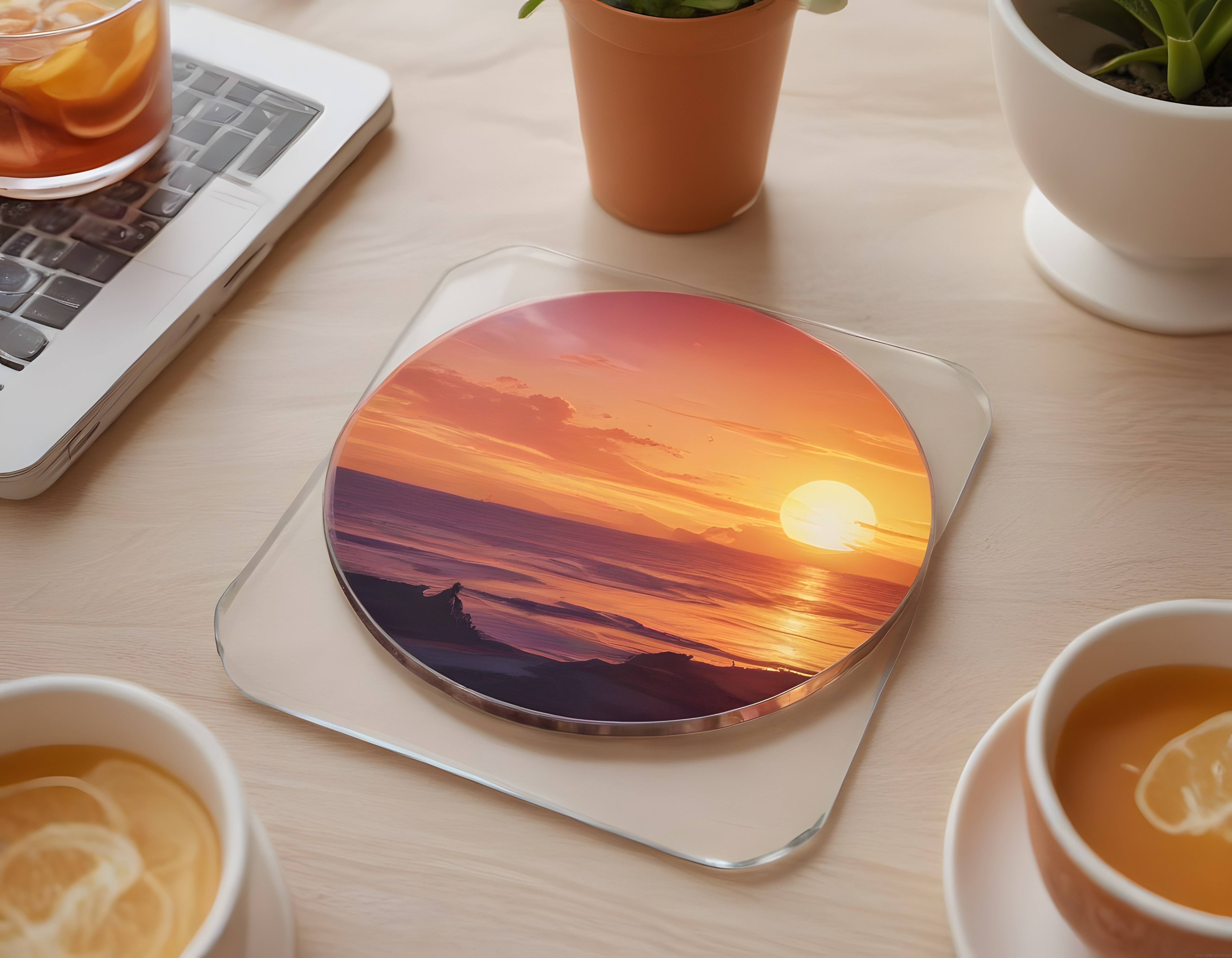 Ahşap masada dijital günbatımı hologramı, laptop ve detaylı çalışma köşesi