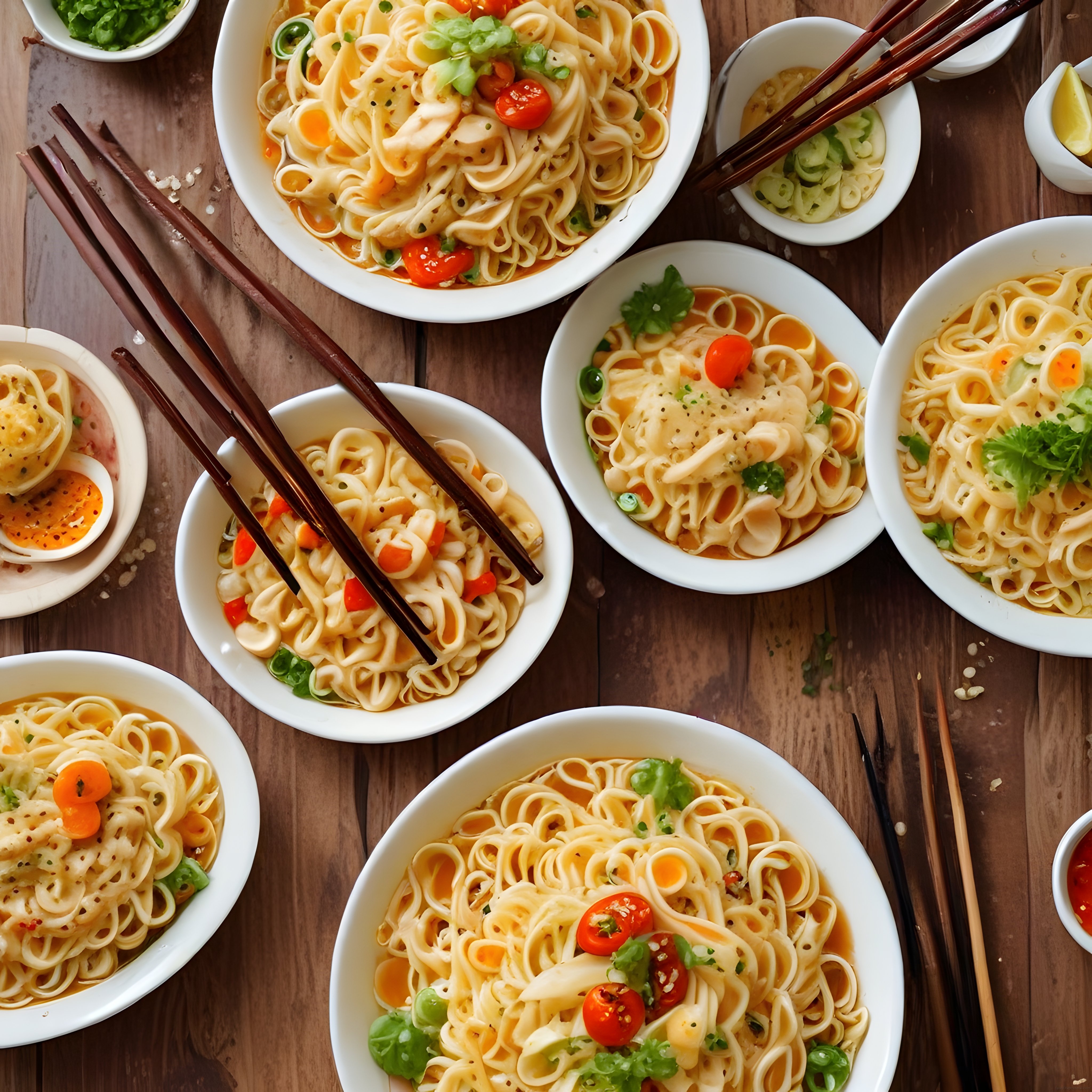 Ahşap masada dizilmiş ramen kaseleri, soslu noodle ve garnitürlerle Asya sofrası