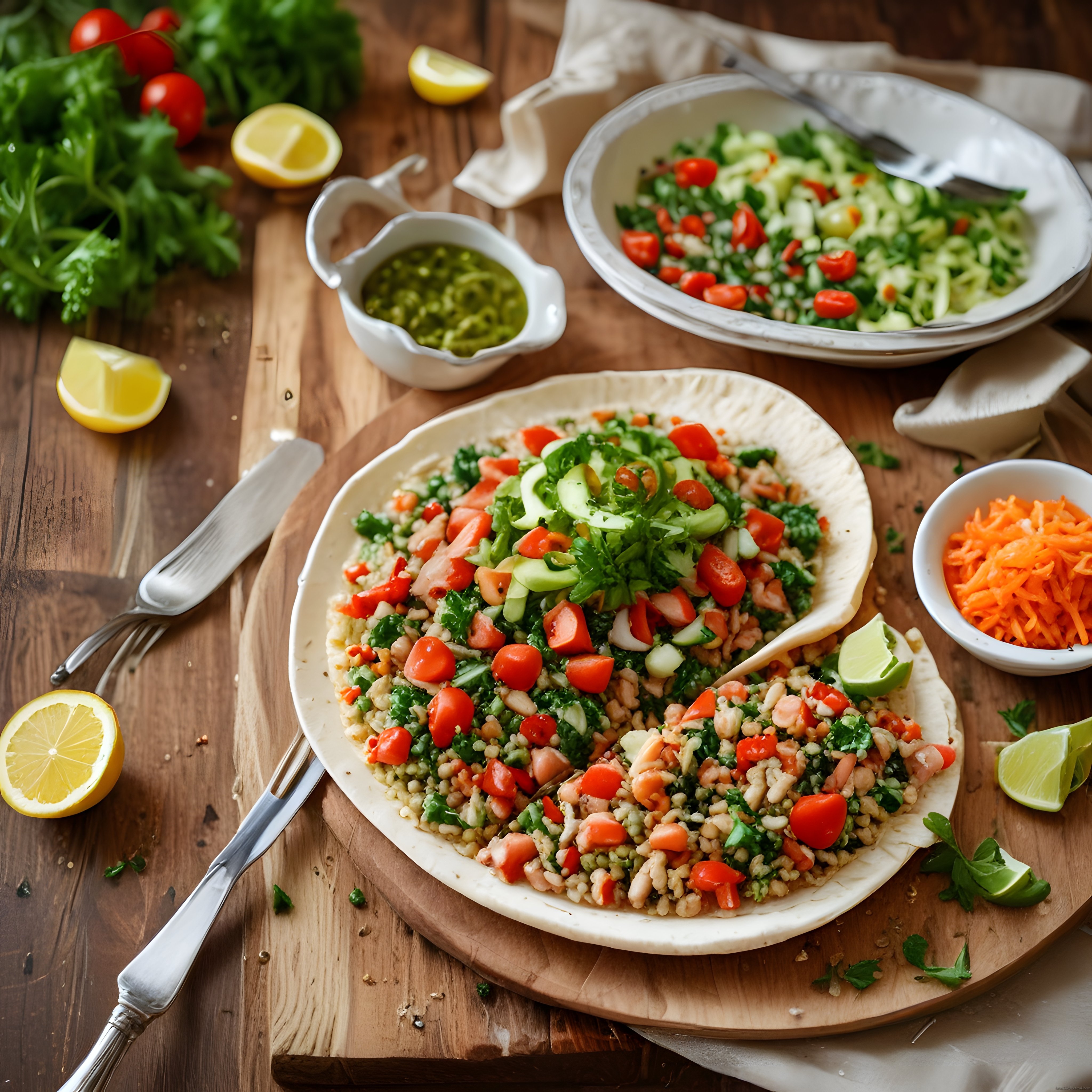 Ahşap Masada Domates Salatalıklı Ev Yapımı Wrap ve Taze Salata Tarifi