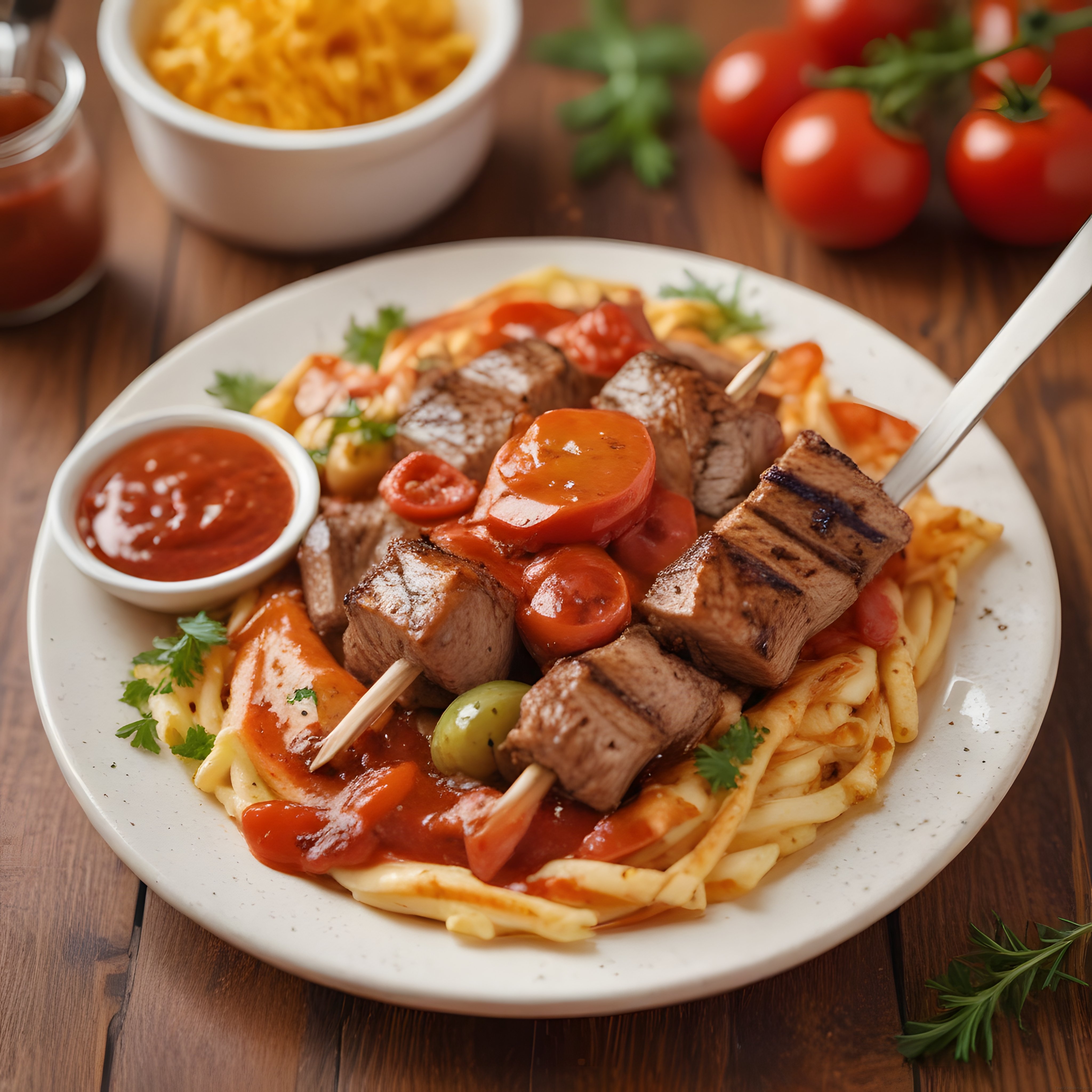 Ahşap masada domates soslu ızgara et ve makarnalı enfes yemek tabağı