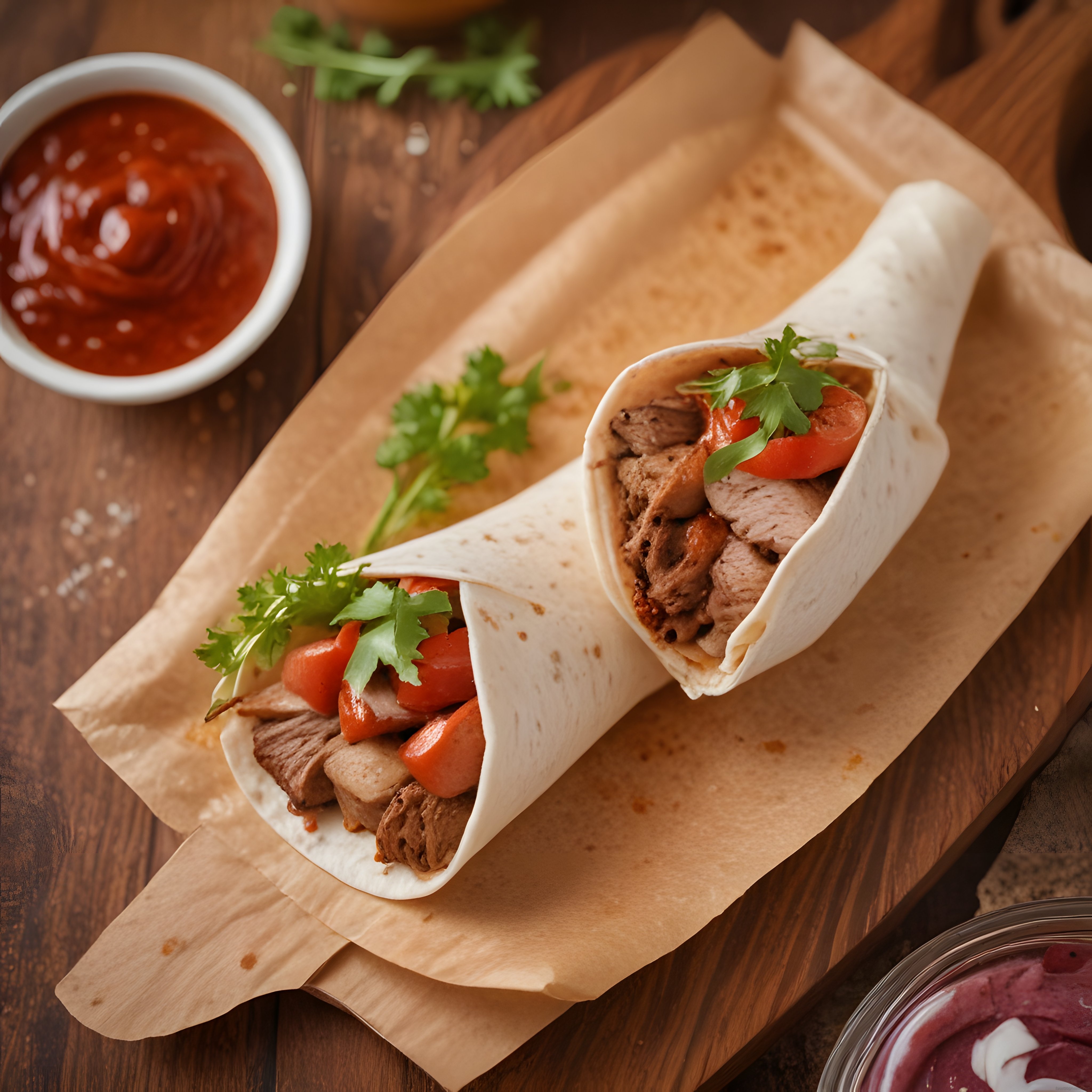 Ahşap Masada Domatesli Etli Wrap ile Acı Sos ve Taze Kişniş Yaprakları