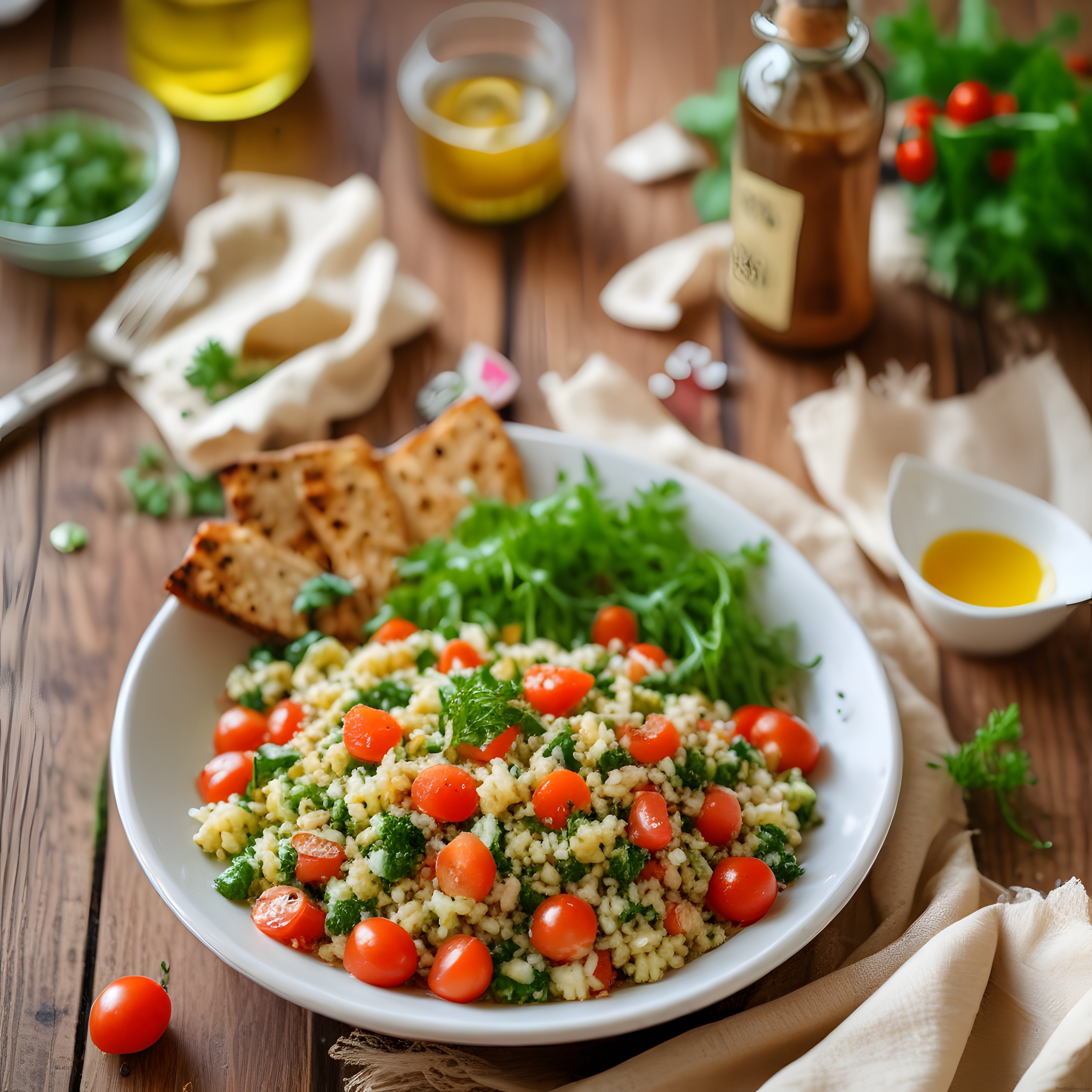 Ahşap Masada Domatesli Yeşillikli Bulgur Salatası ve Kızarmış Lavaş