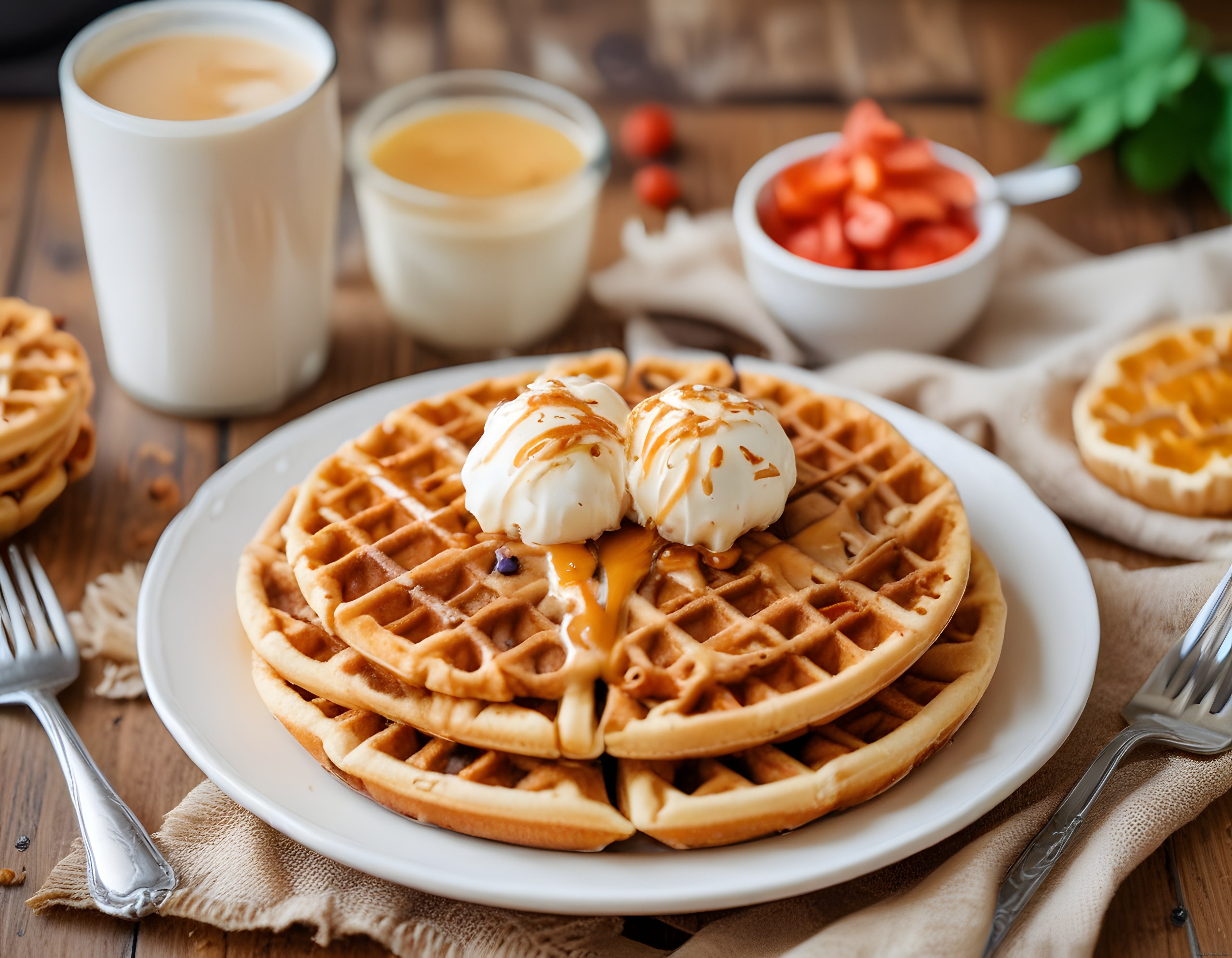 Ahşap Masada Dondurmalı ve Karamel Soslu Waffle ile Kahvaltı Sunumu