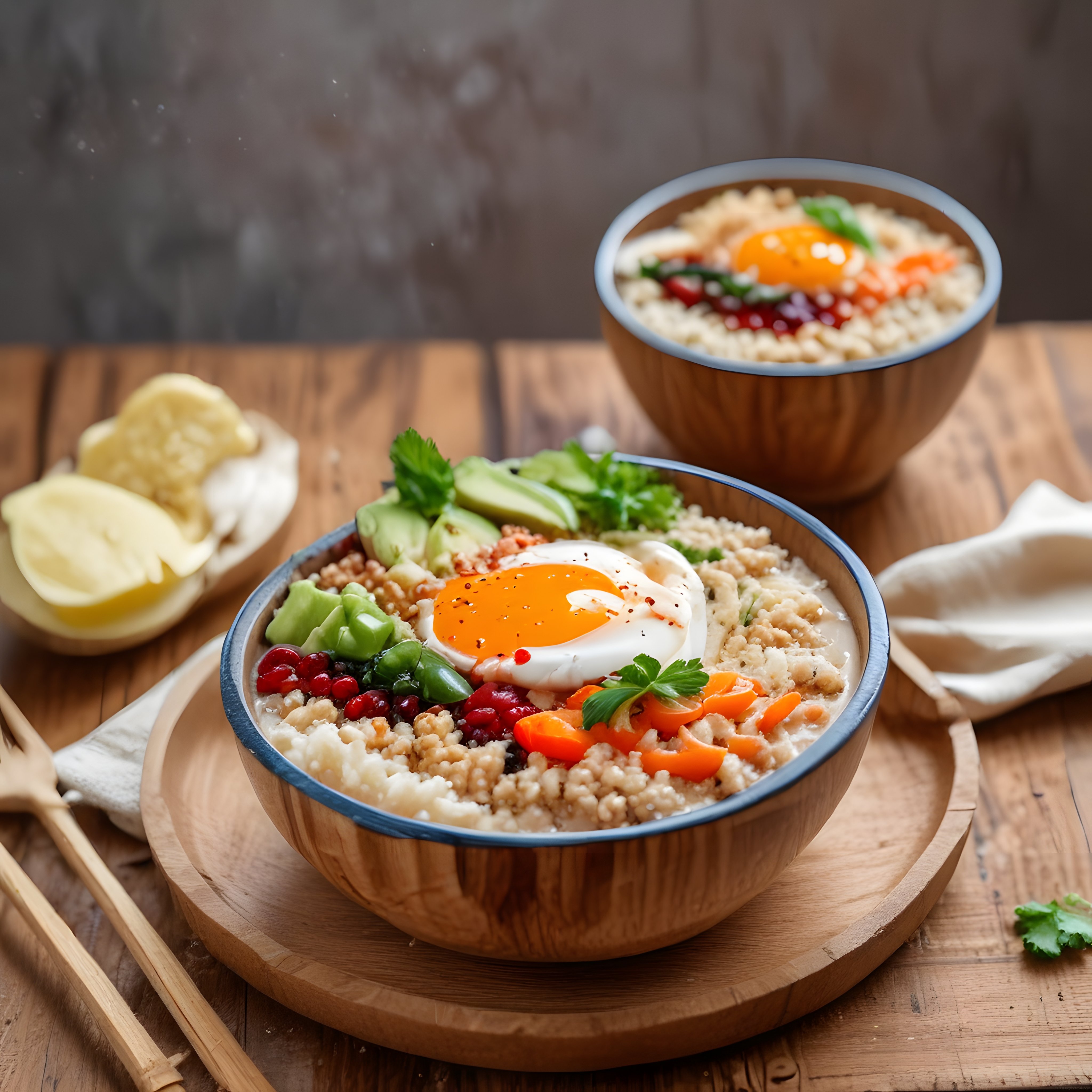 Ahşap Masada Dumanı Tüten Yumurtalı Avokadolu ve Narlı Protein Kaseleri