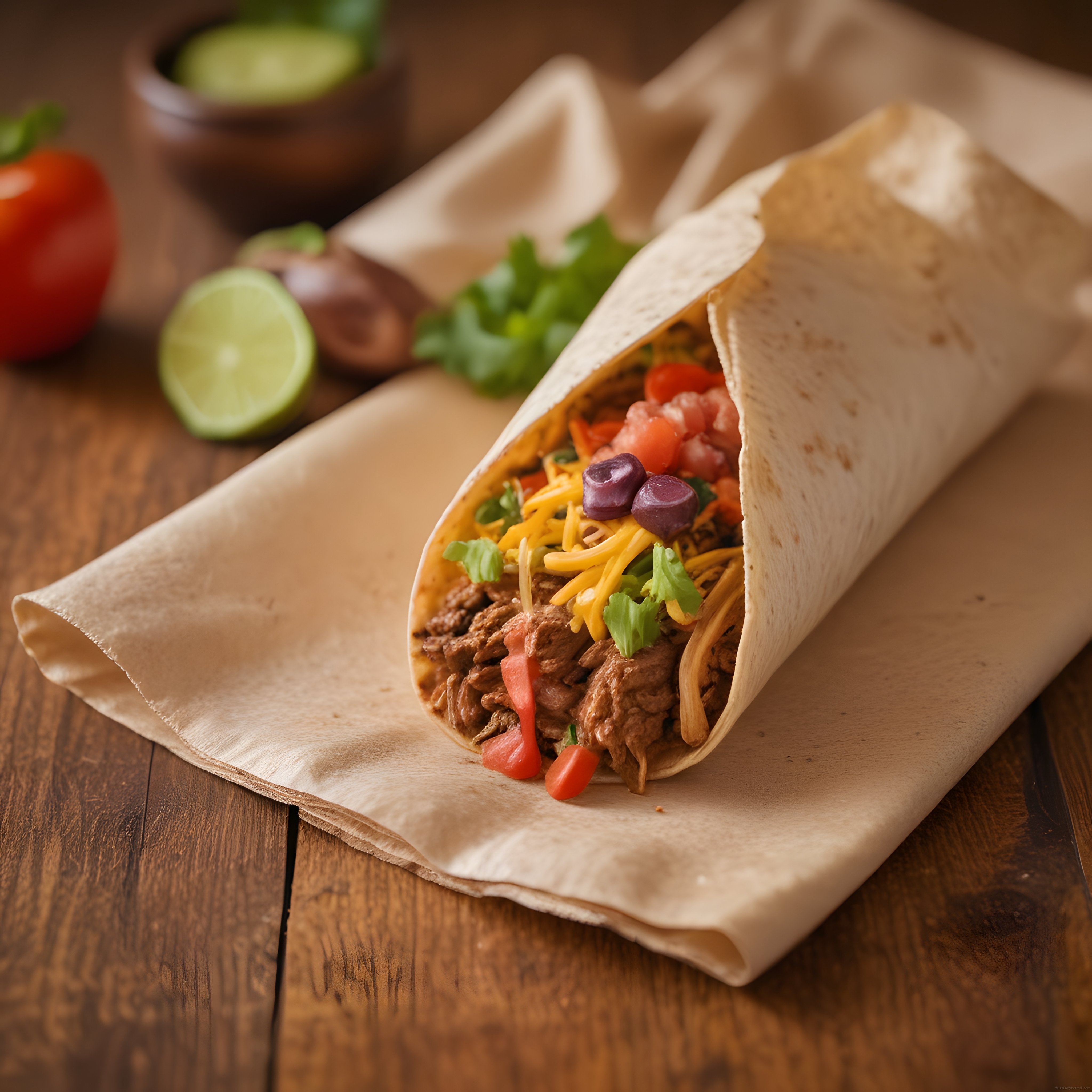 Ahşap Masada Efsanevi Etli Burrito ve Meksika Mutfağından Taze Lezzetler