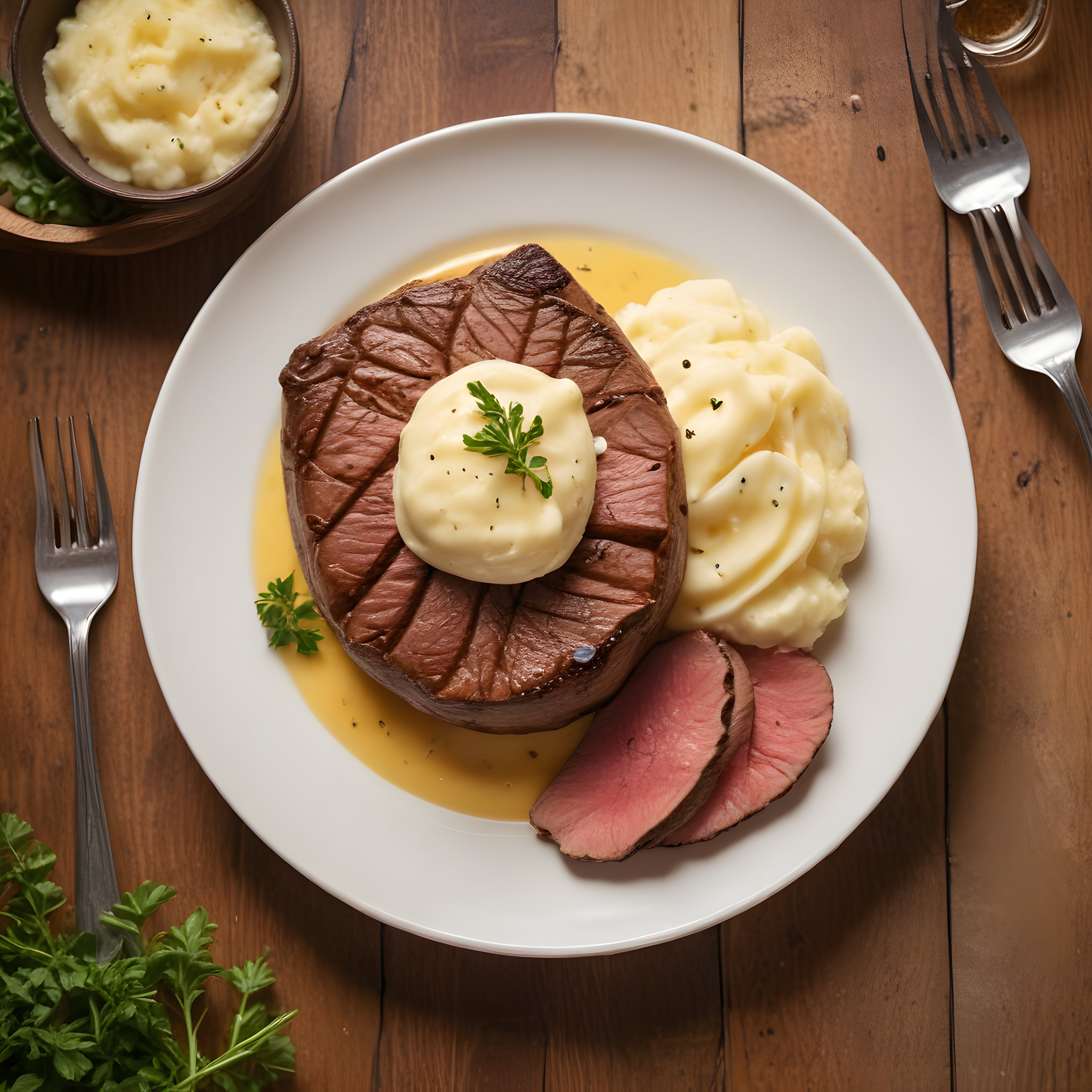 Ahşap Masada Efsanevi Sulu Roast Beef ve Kremalı Patates Püresi Sunumu