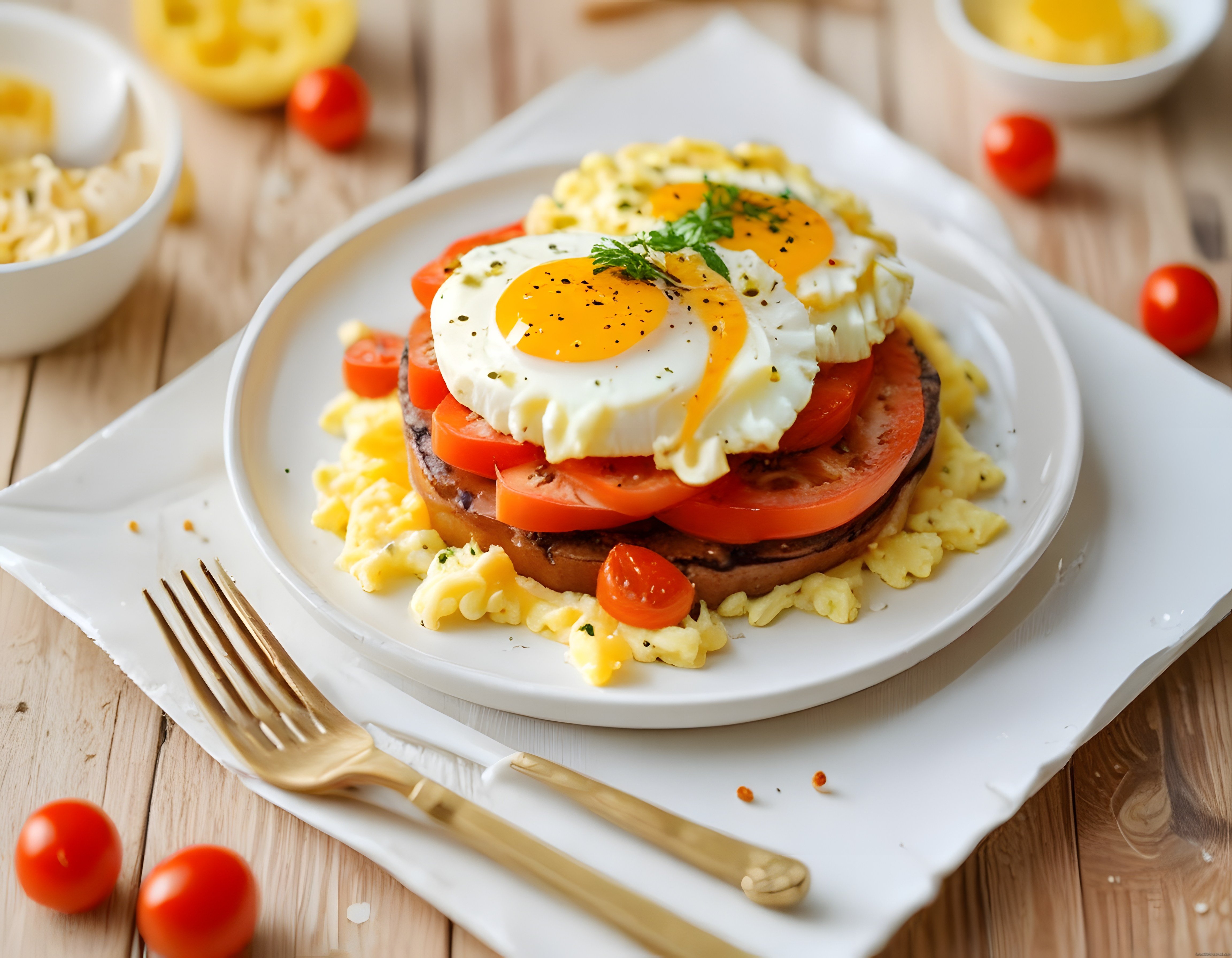Ahşap Masada Ekmek Üstü Domatesli ve Güneş Yumurtalı Kahvaltı Tabağı