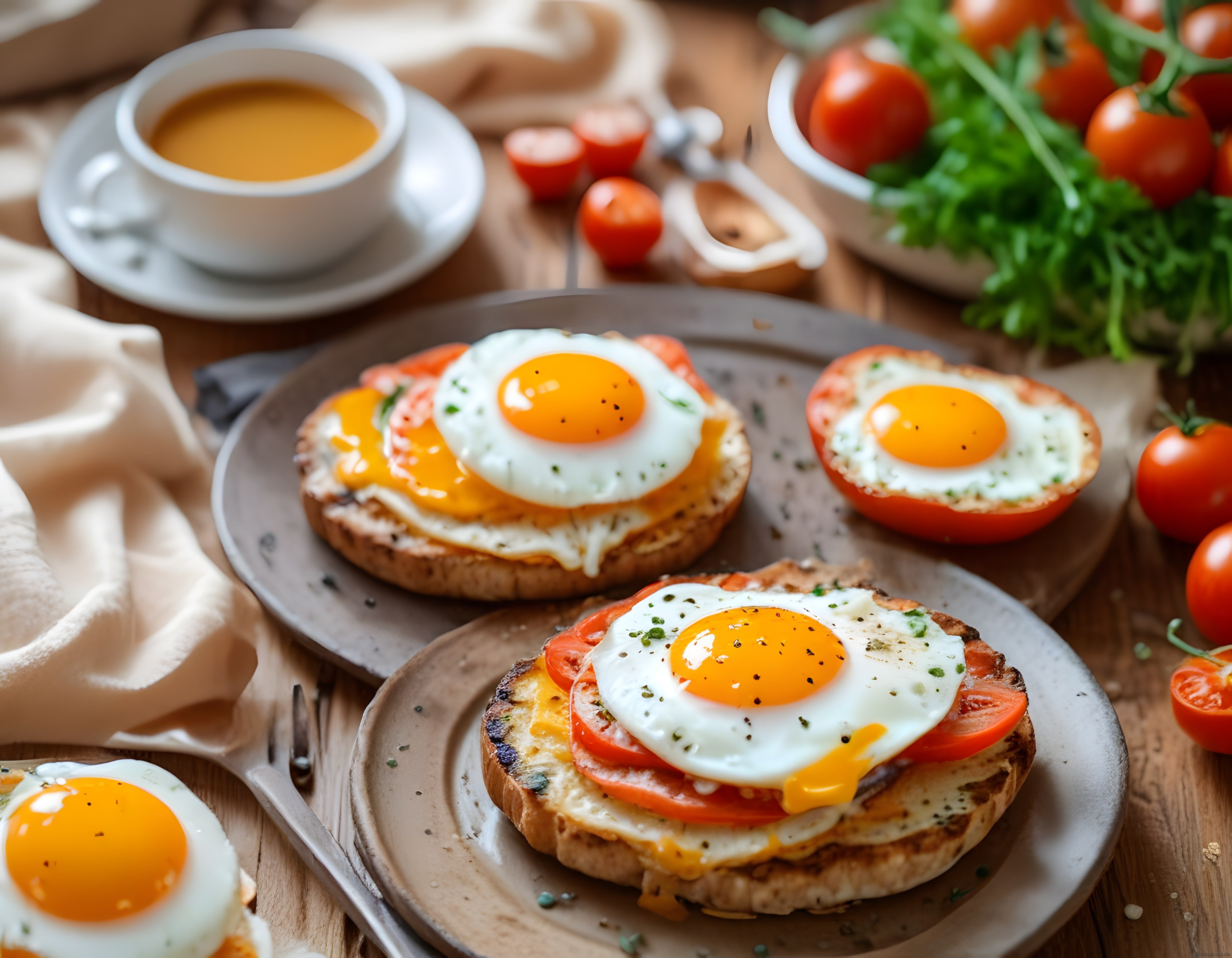 Ahşap Masada Ekmek Üstü Göz Yumurta ve Domatesli Sıcak Kahvaltı Sunumu