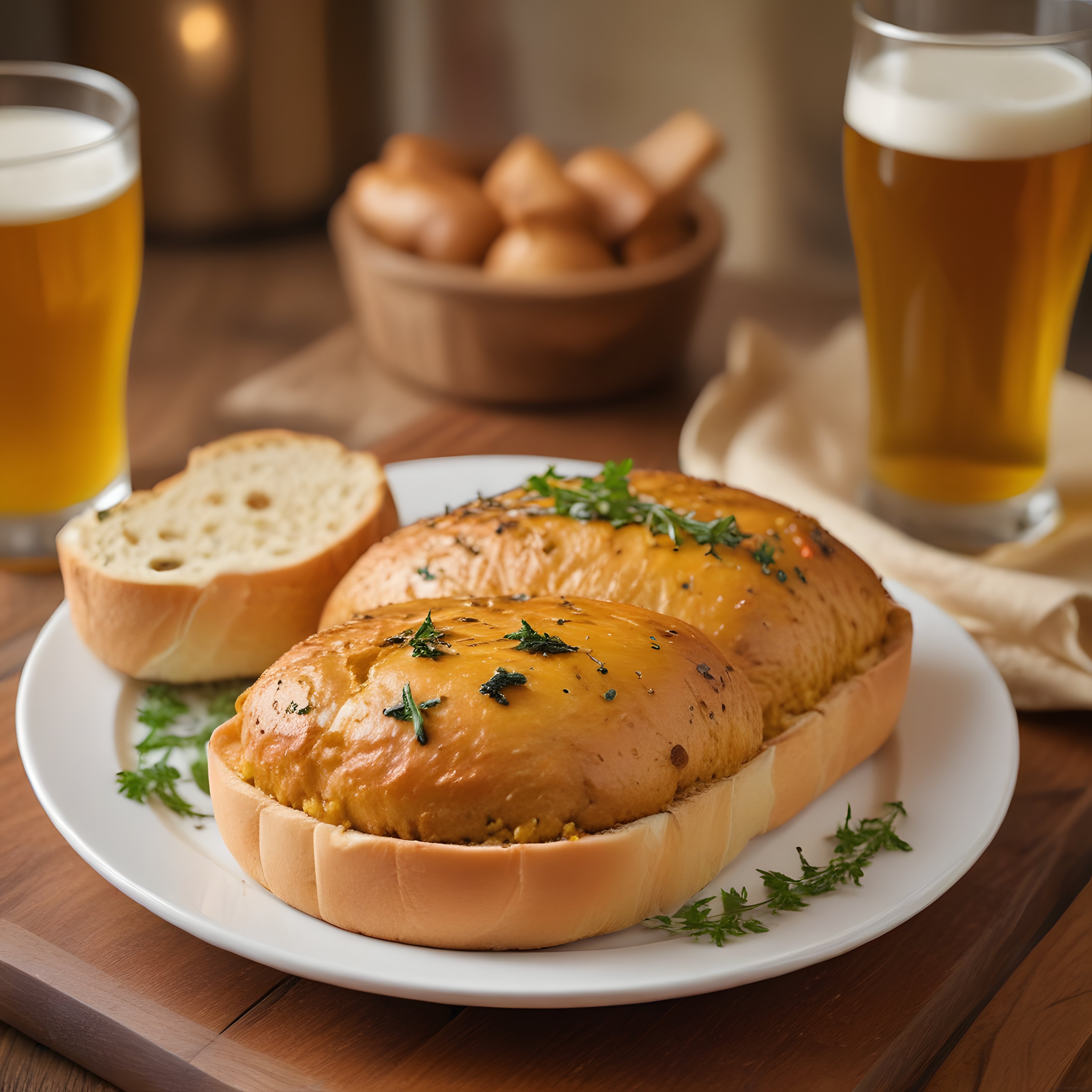 Ahşap Masada Ekmek Üzerinde Erimiş Peynirli Pane Köfte ve Soğuk Bira Keyfi