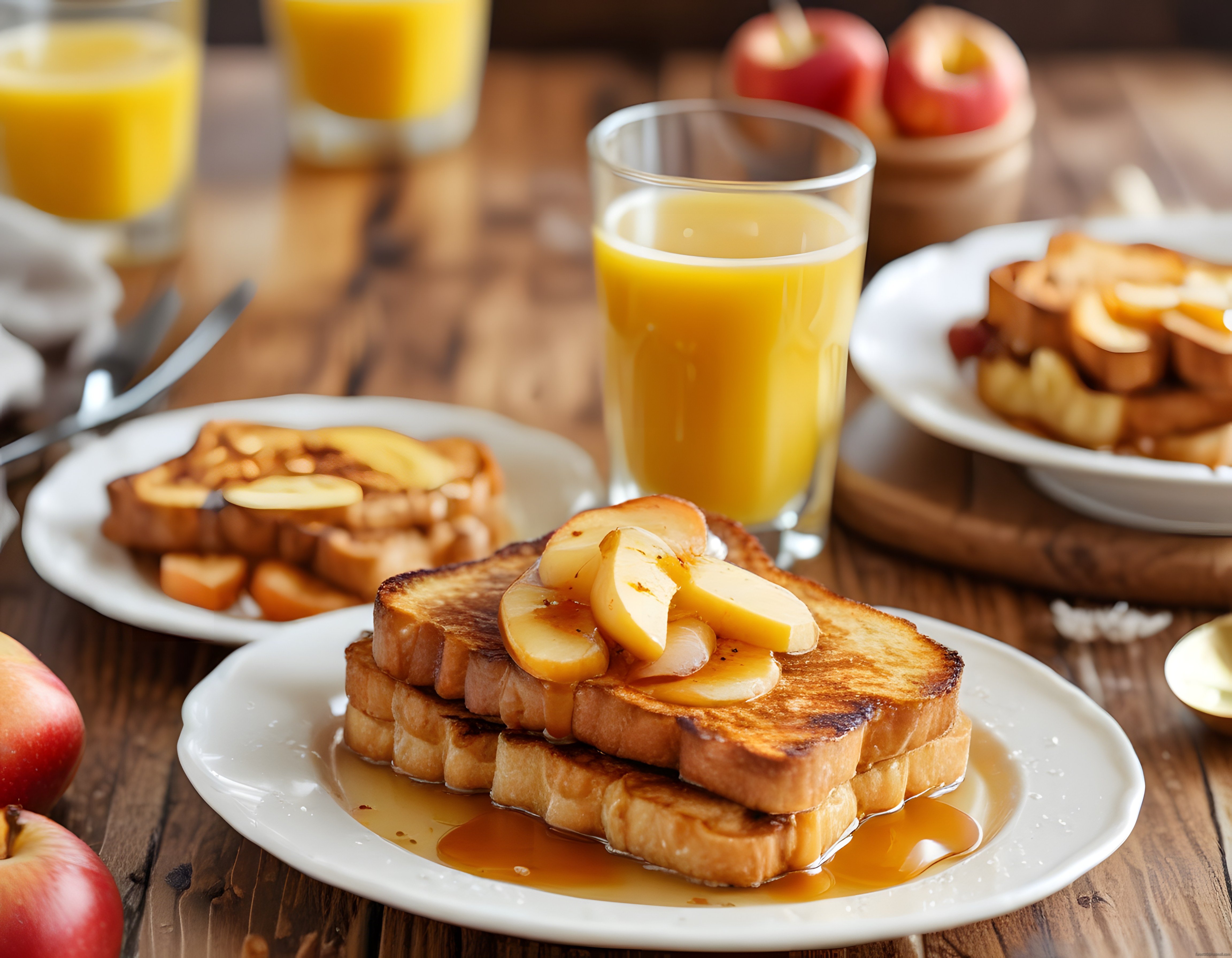 Ahşap Masada Elma Dilimli French Toast ve Taze Portakal Suyu Kahvaltısı