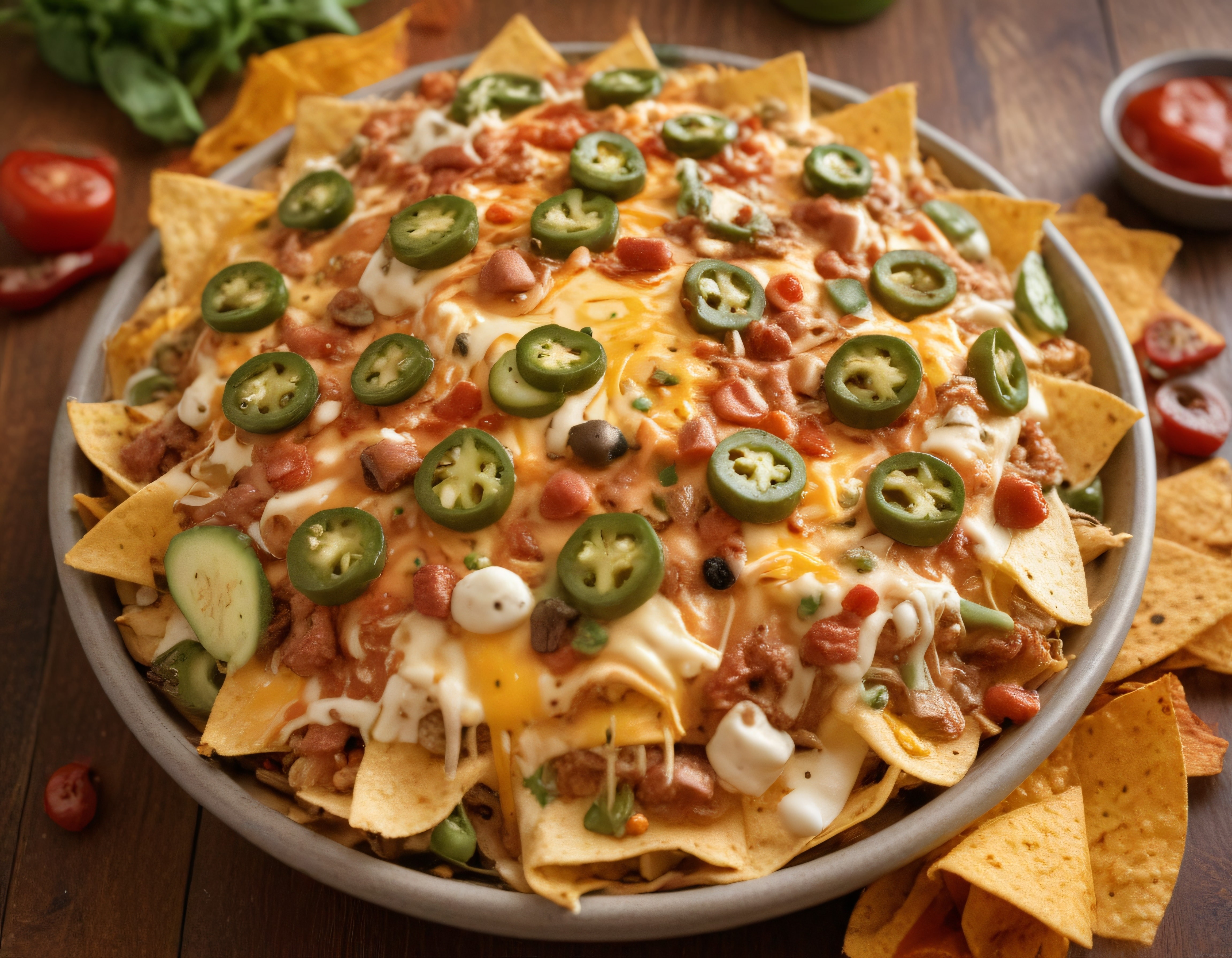 Ahşap Masada Erimiş Peynirli ve Jalapenolu Nachos: Meksika Atıştırmalığı