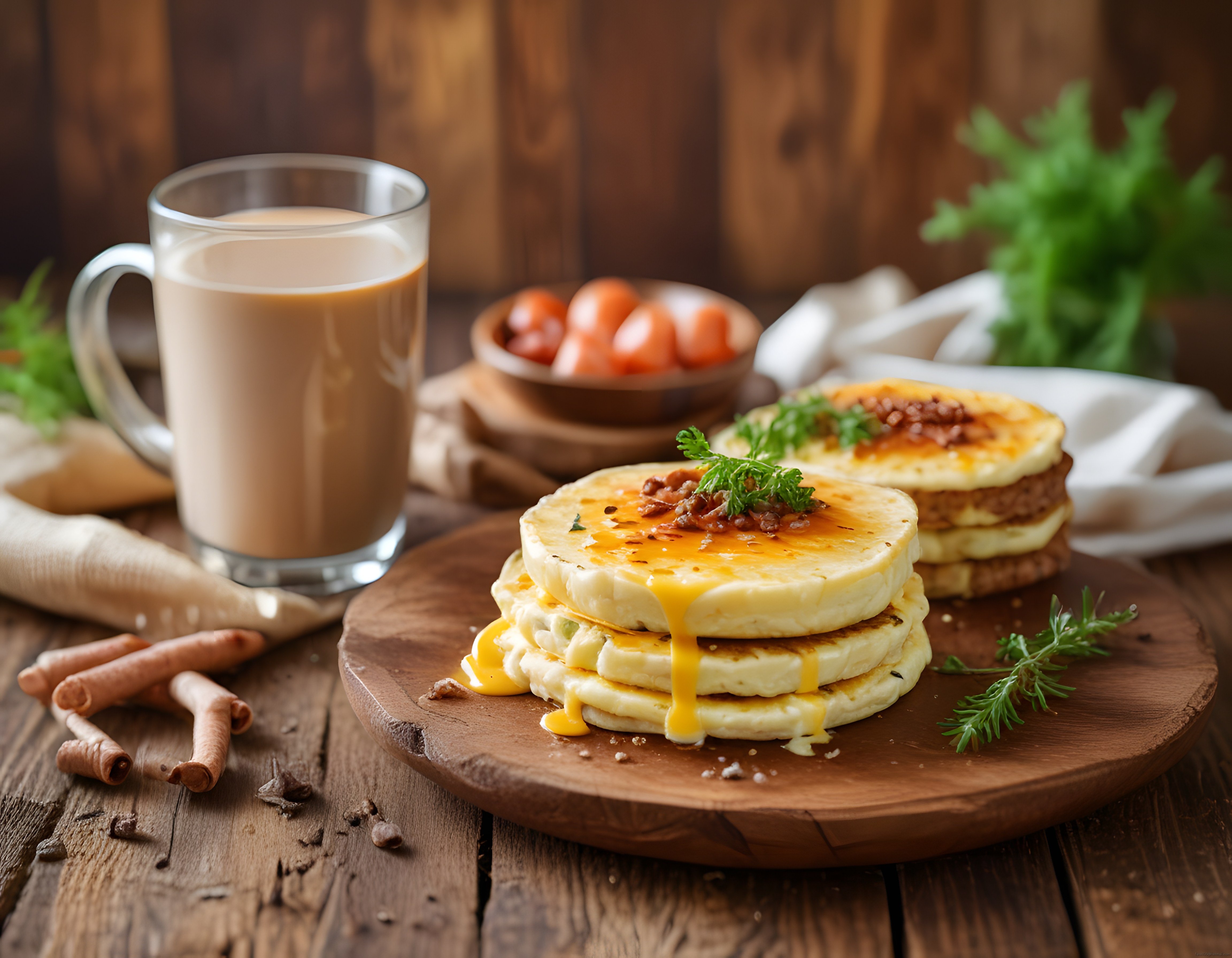 Ahşap Masada Eriyen Peynir ve Otlu Sıcak Kahvaltılık Ekmek Tarçınlı Latte