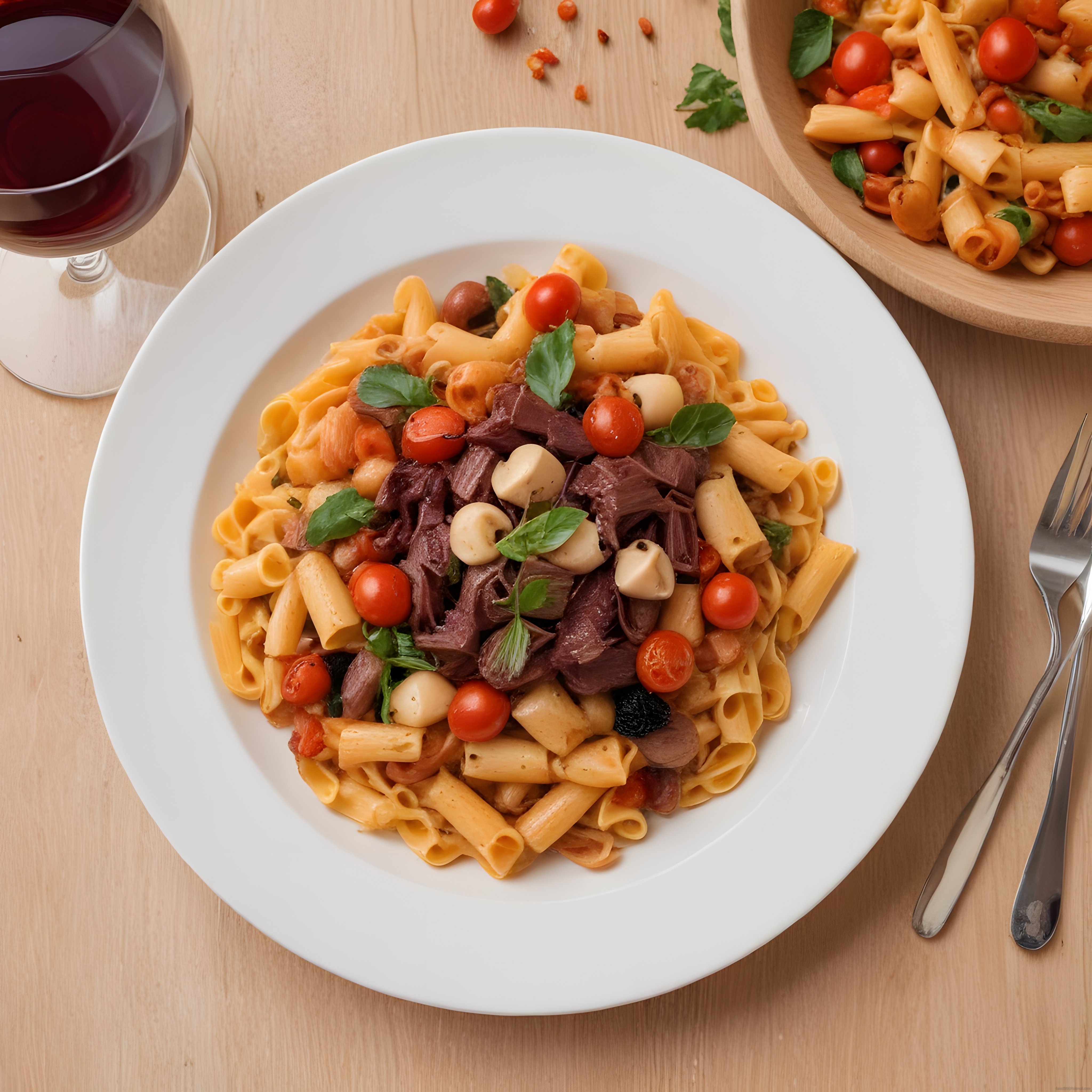 Ahşap Masada Etli Penne Makarna ve Kırmızı Şarap ile Akşam Yemeği