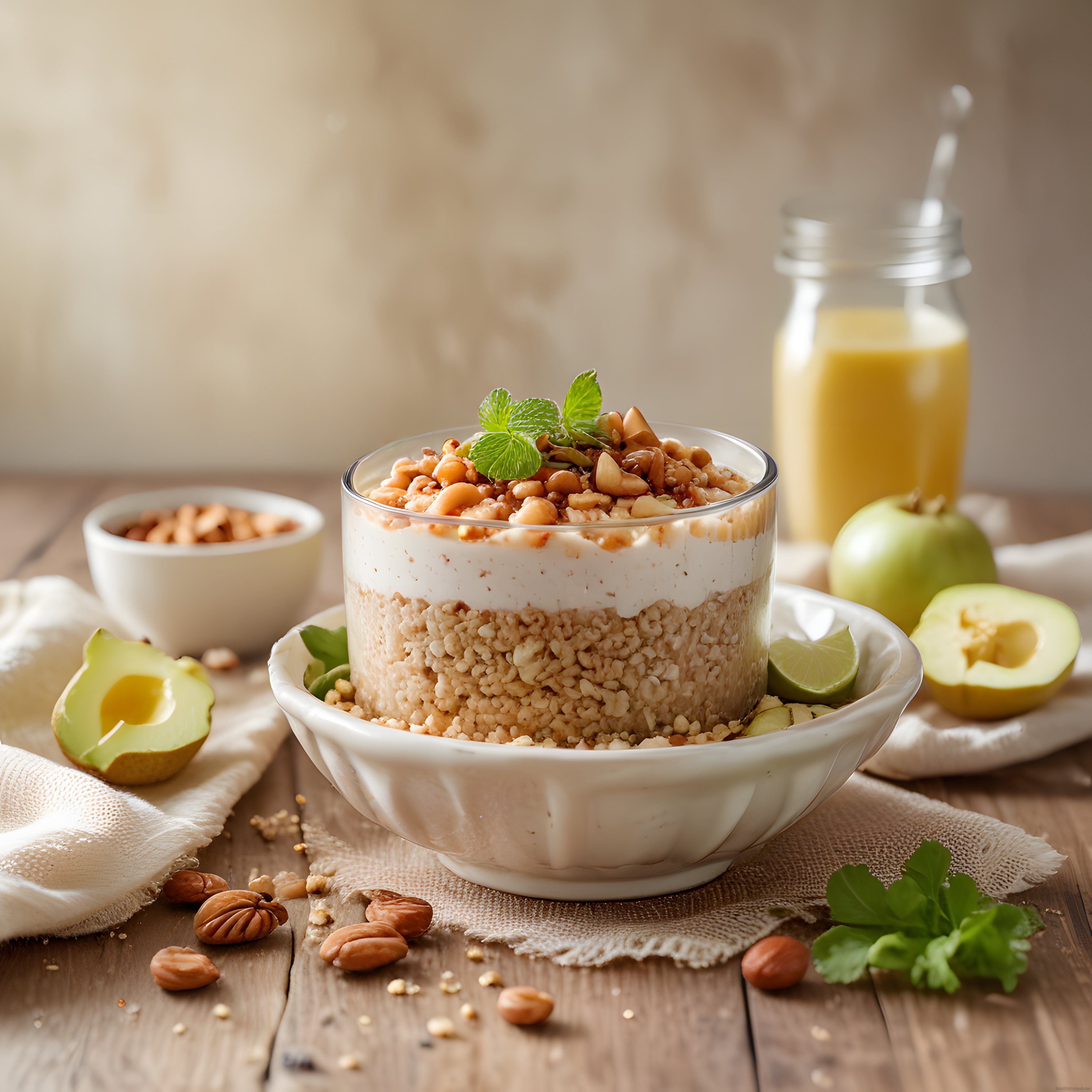 Ahşap Masada Ev Yapımı Granola ve Yoğurtlu Sağlıklı Kahvaltı Sunumu