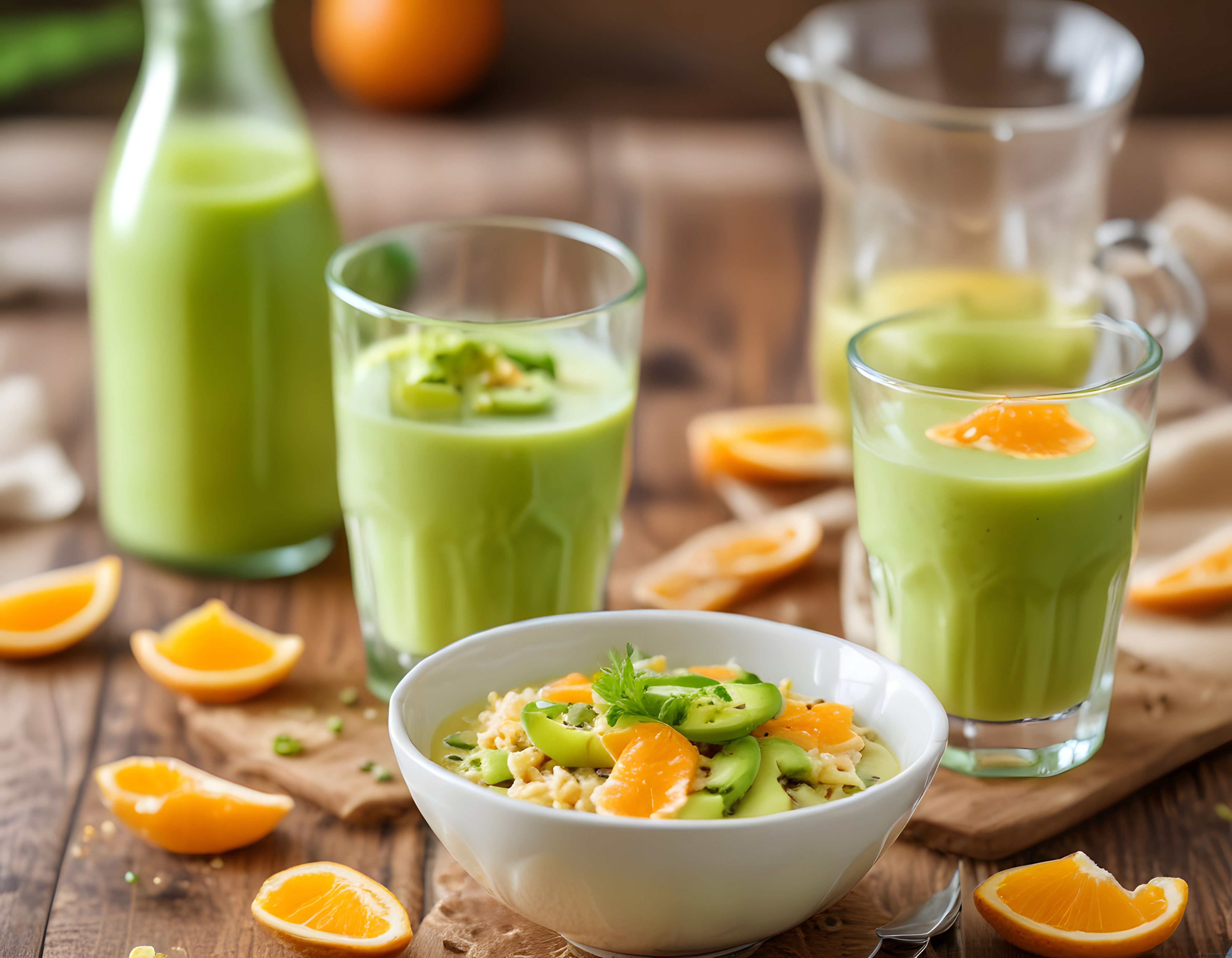 Ahşap Masada Ev Yapımı Portakallı Yeşil Smoothie ve Sağlıklı Bowl Sunumu