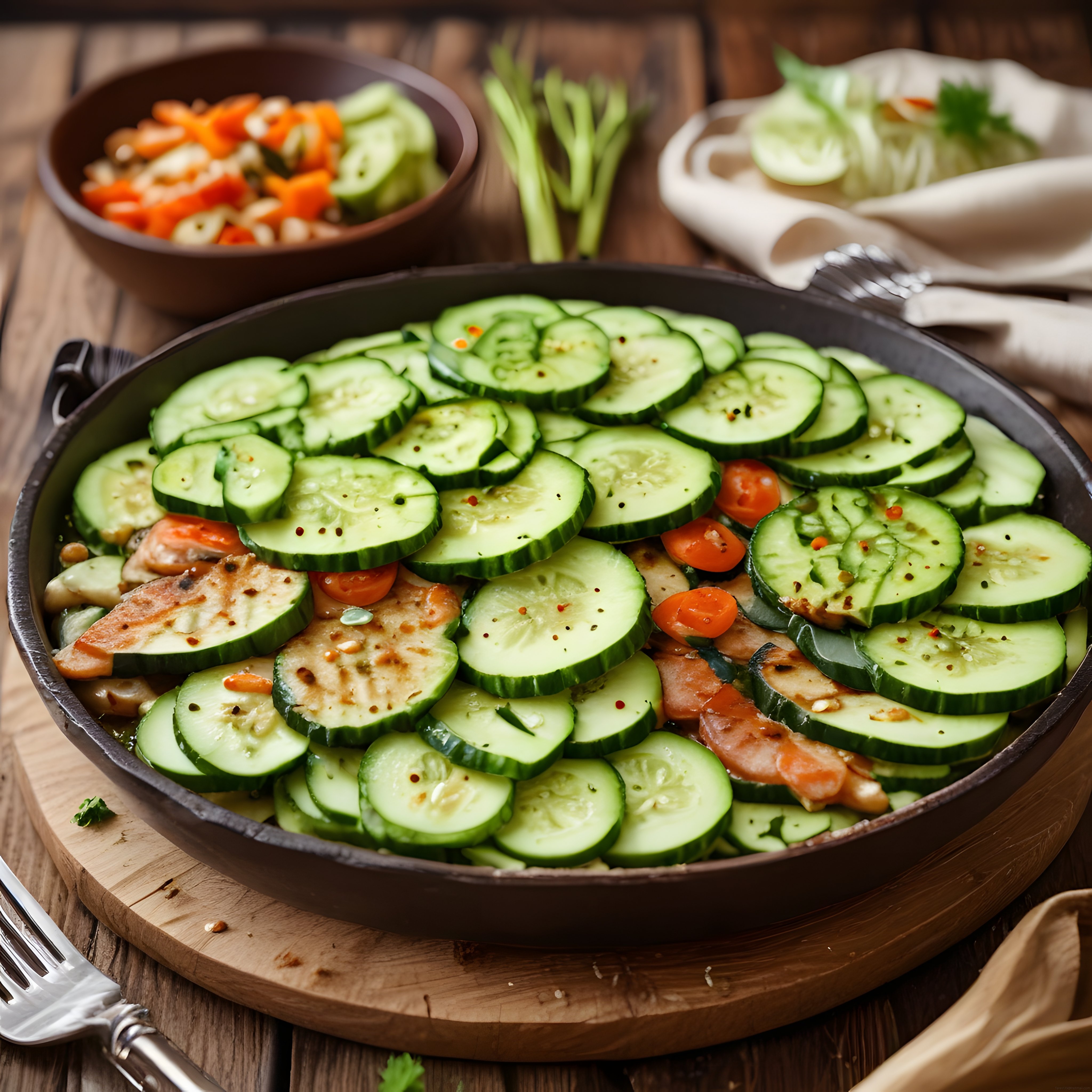 Ahşap Masada Ev Yapımı Salatalık ve Domatesli Baharatlı Kase Salata Tarifi
