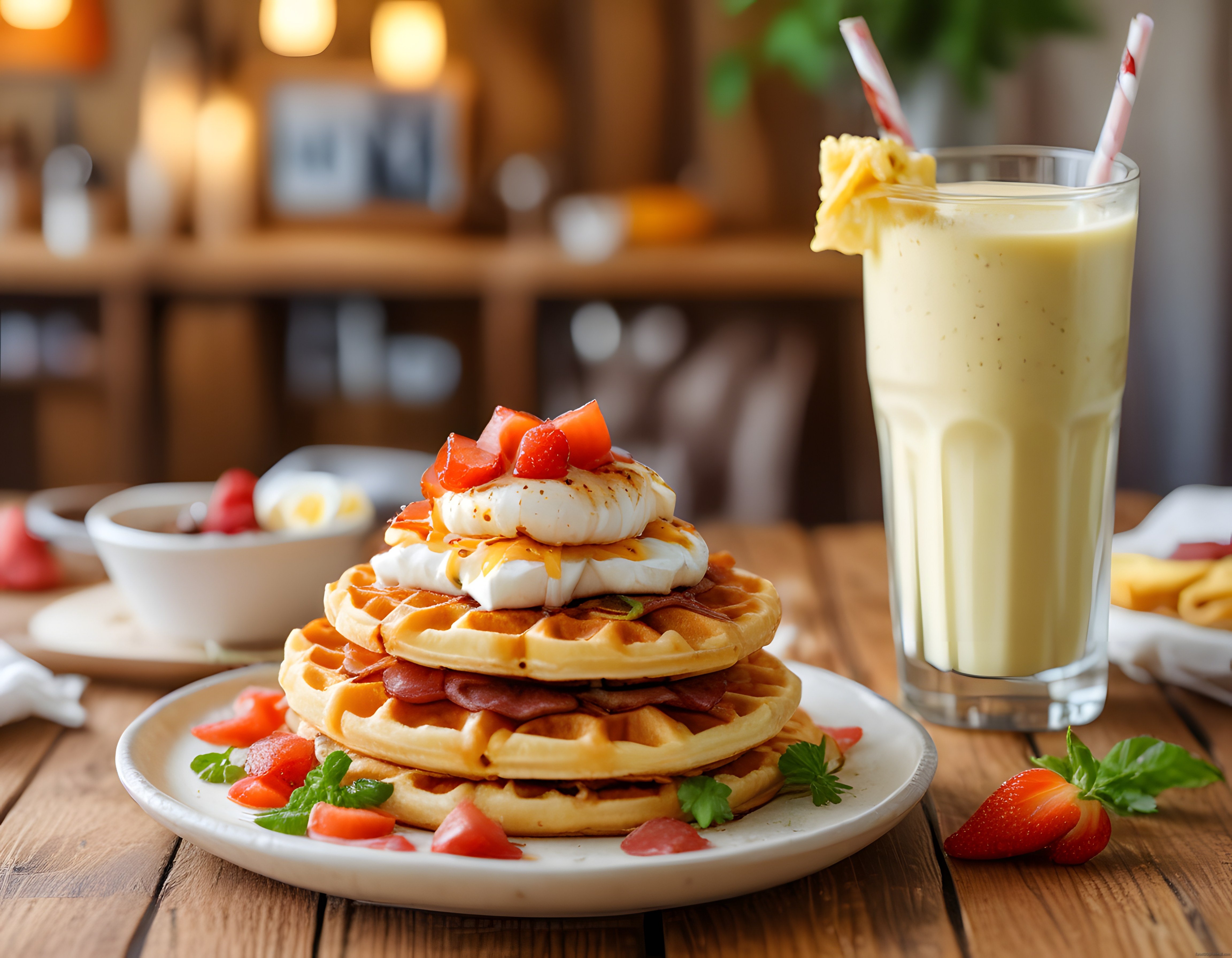 Ahşap Masada Ev Yapımı Waffle, Taze Meyveler ve Ananaslı Smoothie