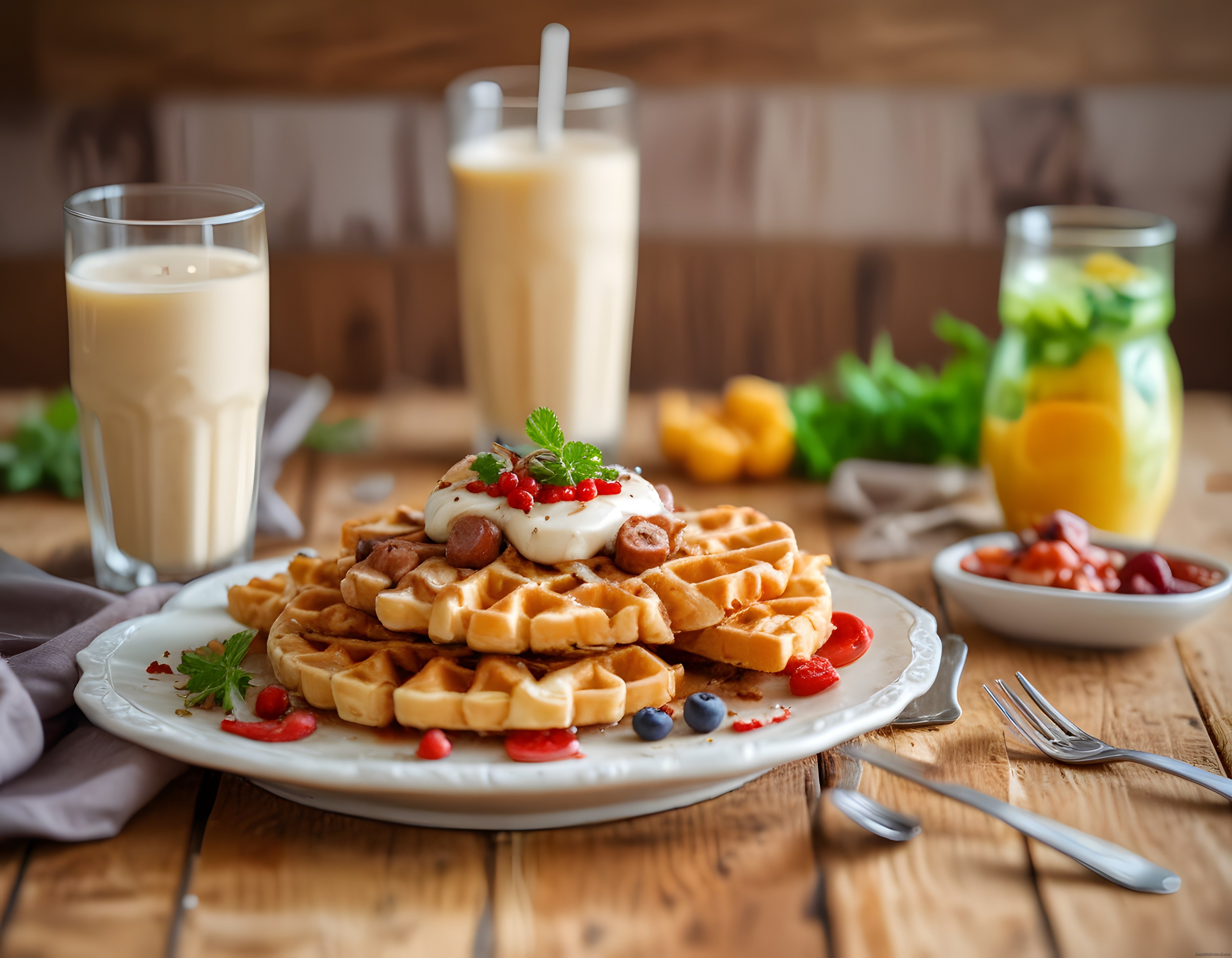 Ahşap Masada Ev Yapımı Waffle ve Taze Meyveli Kahvaltı Sunumu