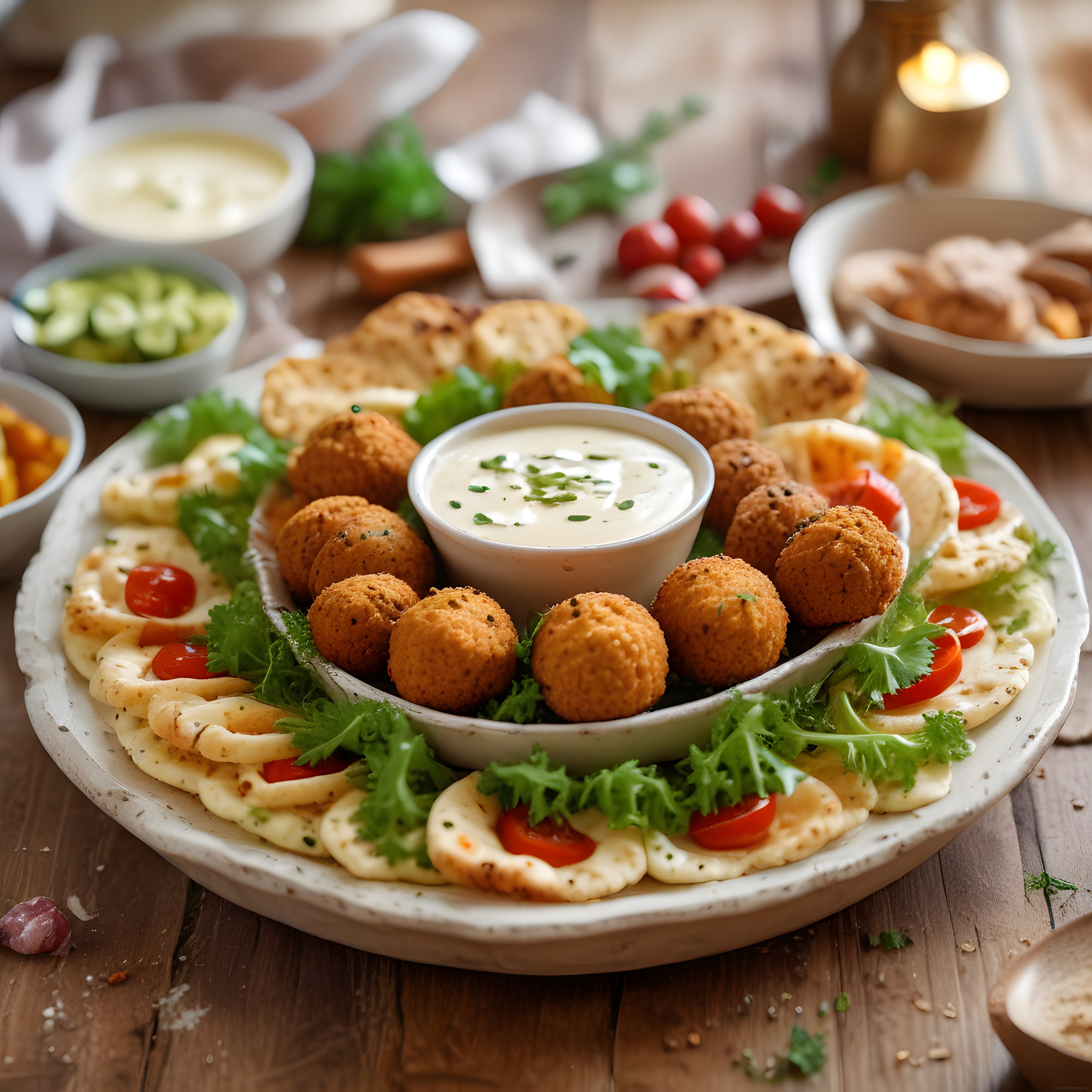 Ahşap masada falafel, humus ve özel soslu Akdeniz meze tabağı sunumu