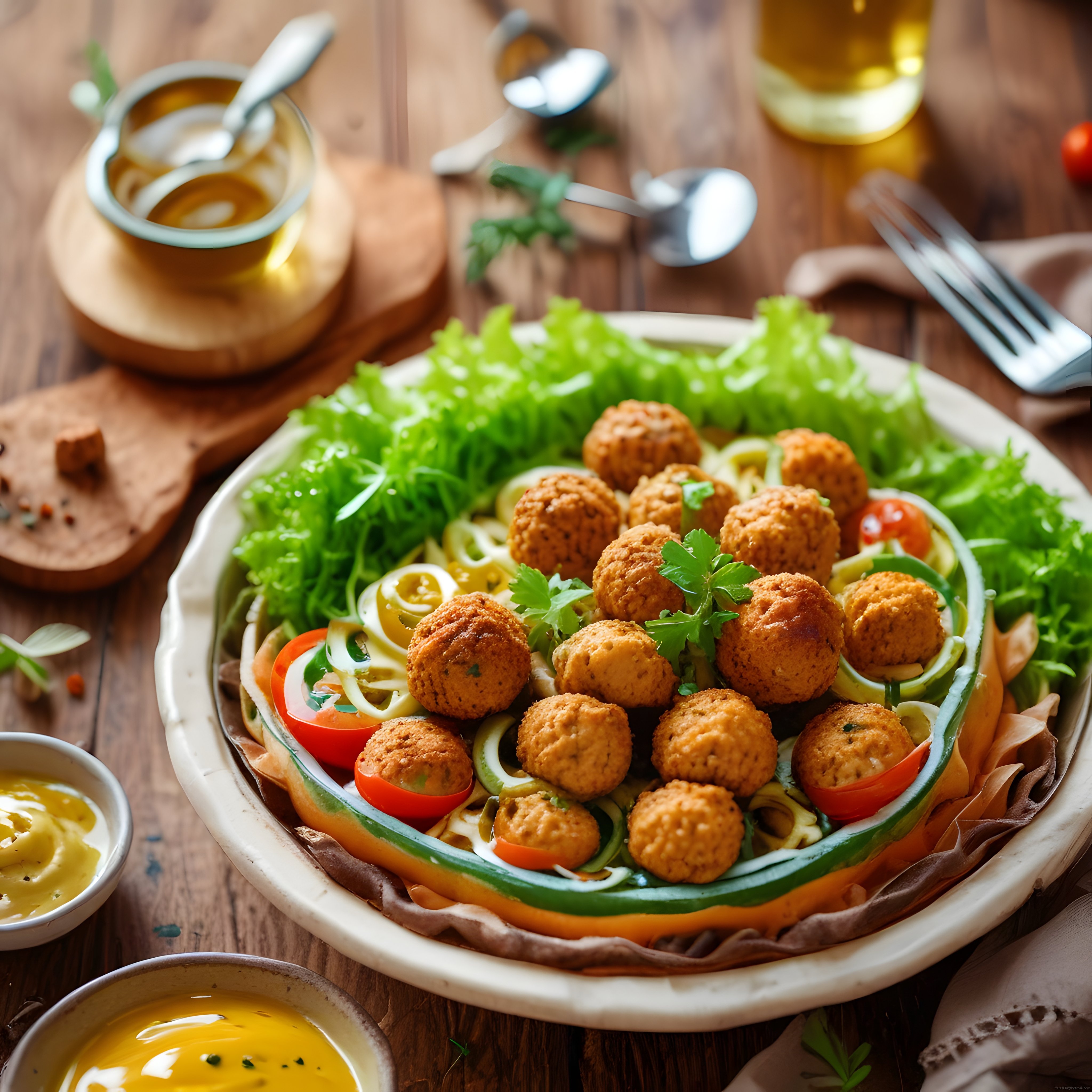 Ahşap Masada Falafel Köftesi ve Taze Yeşillikle Hazırlanmış Sağlıklı Tabak