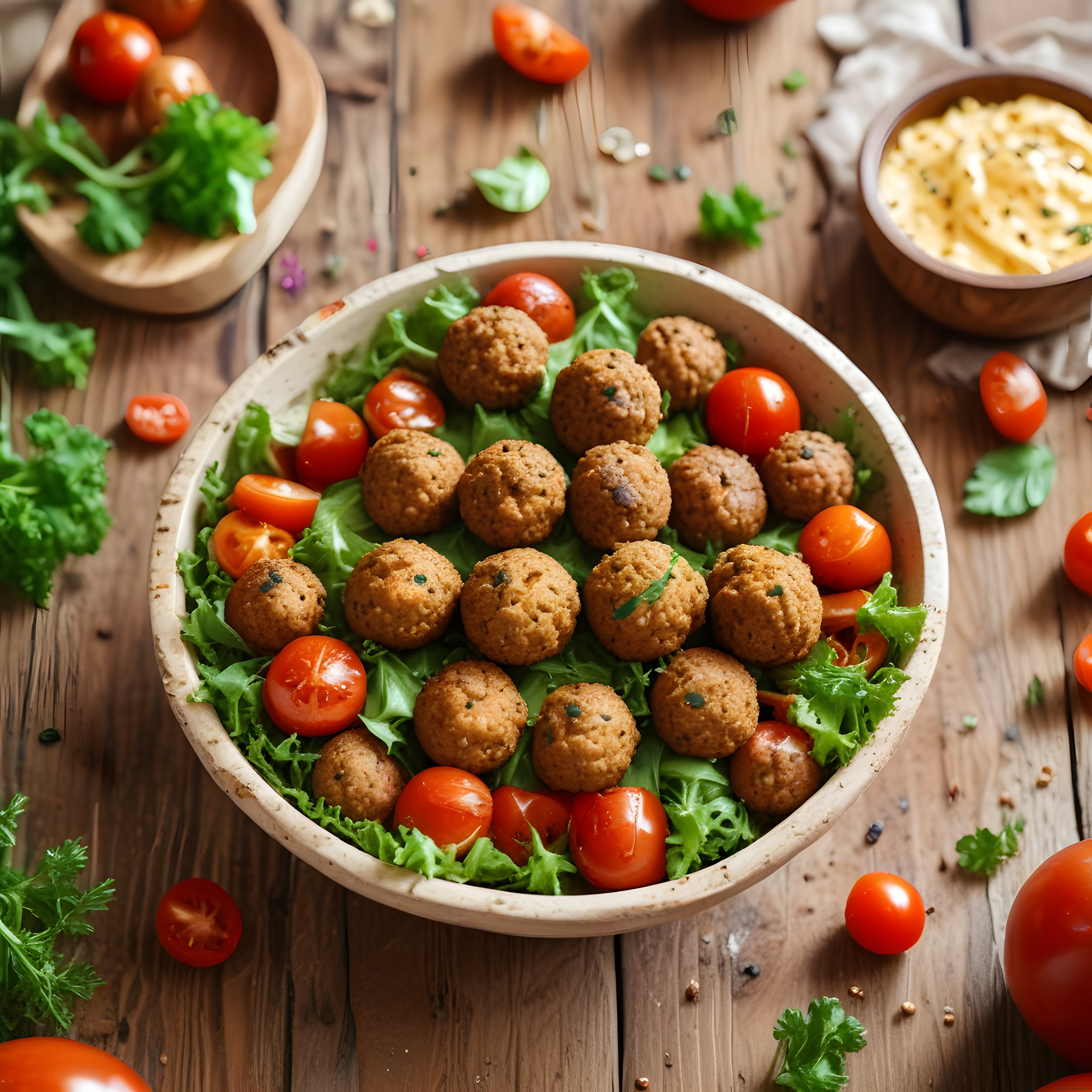 Ahşap Masada Falafel Köftesi ve Yeşilliklerle Hazırlanmış Şık Tabak Düzeni