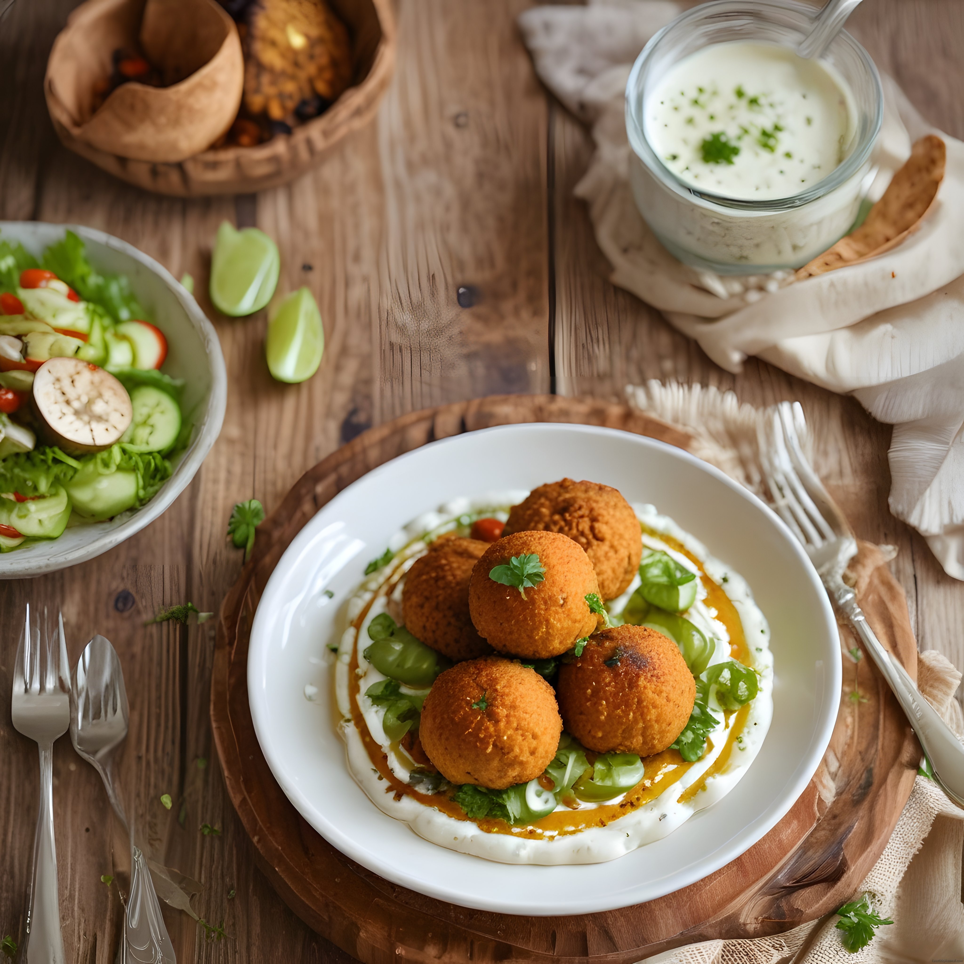 Ahşap Masada Falafel Köftesi, Yoğurt Sosu ve Taze Salata ile Günün Yemeği