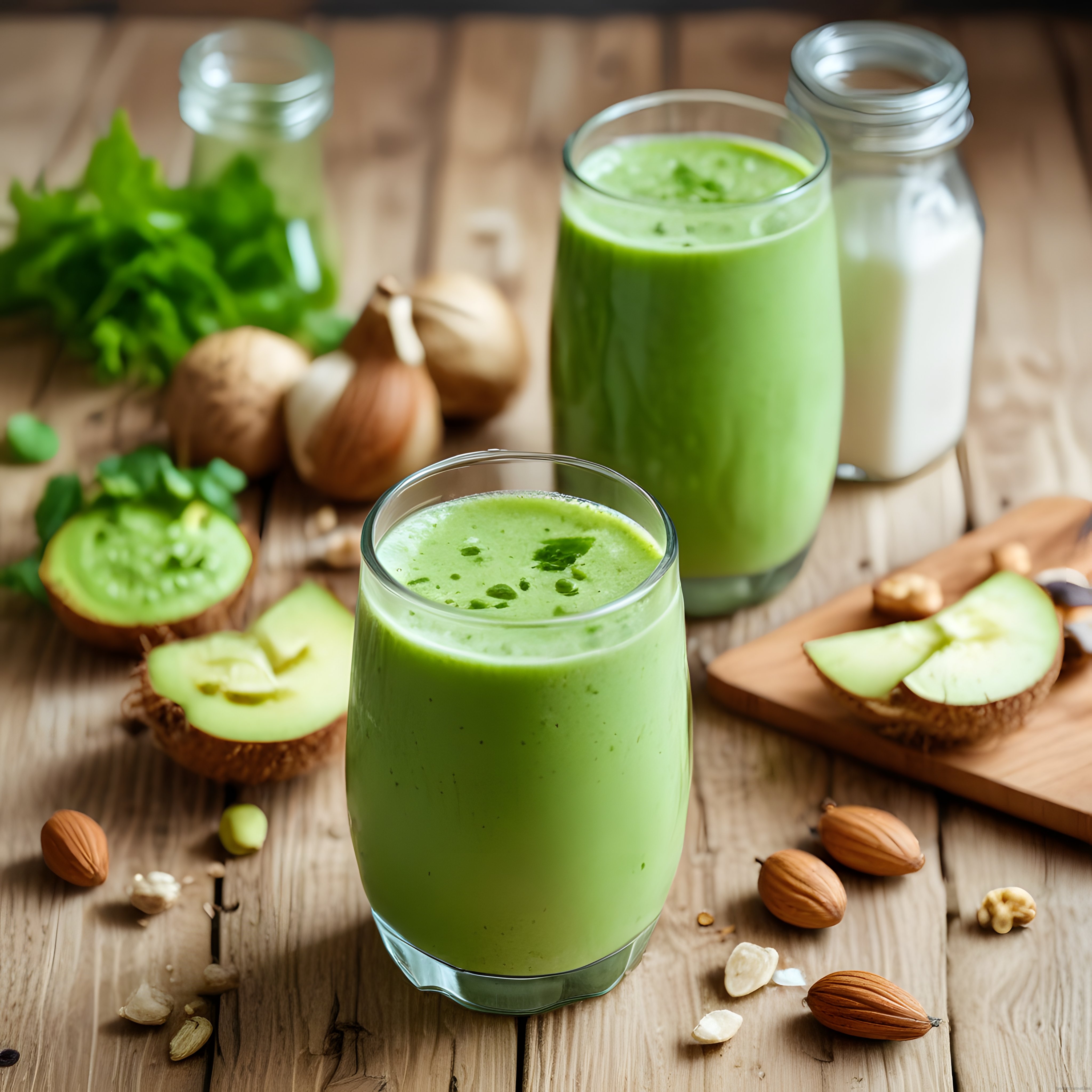 Ahşap Masada Ferah Yeşil Smoothie ve Köpüklü Detoks İçeceği Tarifi