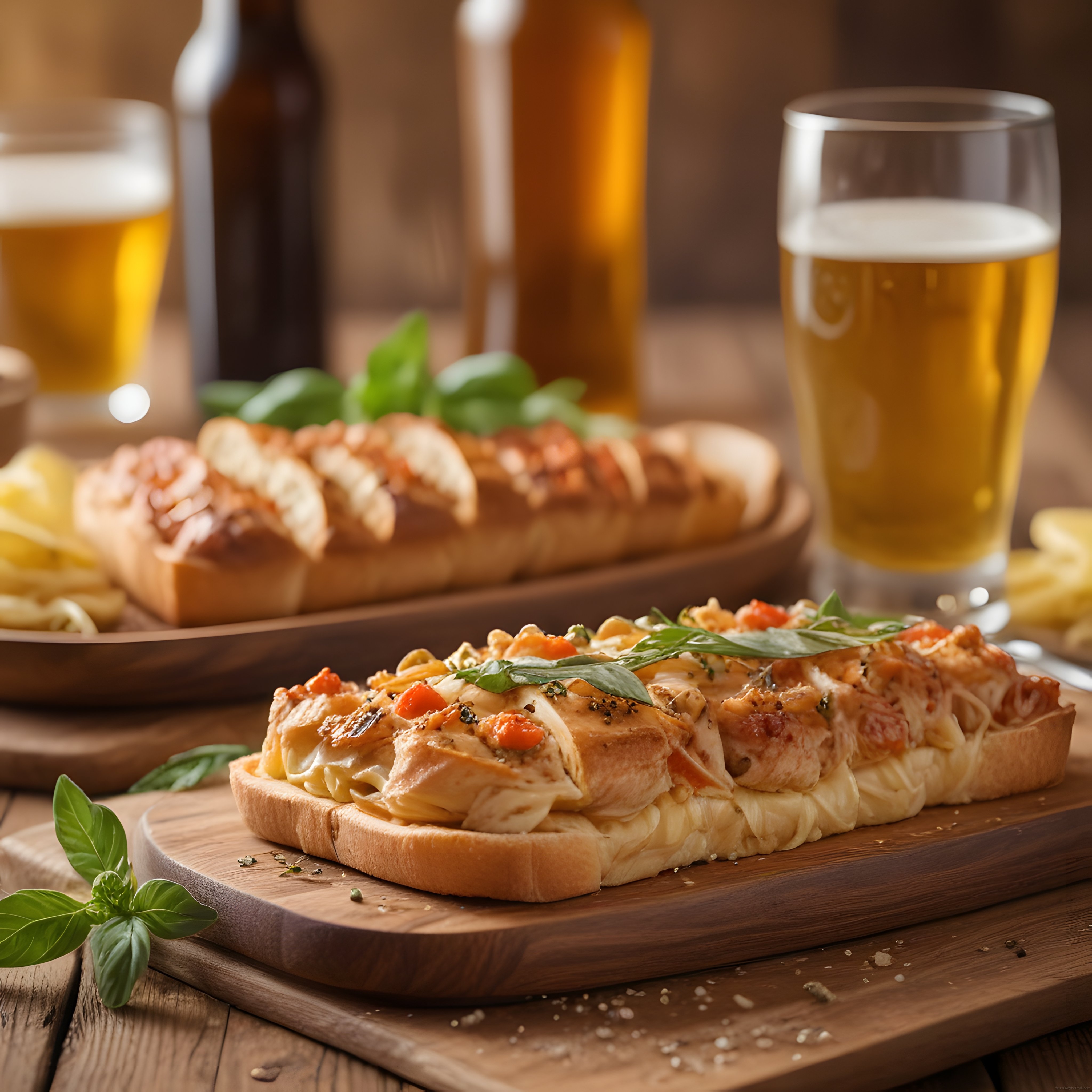 Ahşap masada fesleğen ve mozzarellalı pizza tost ile bira eşliği