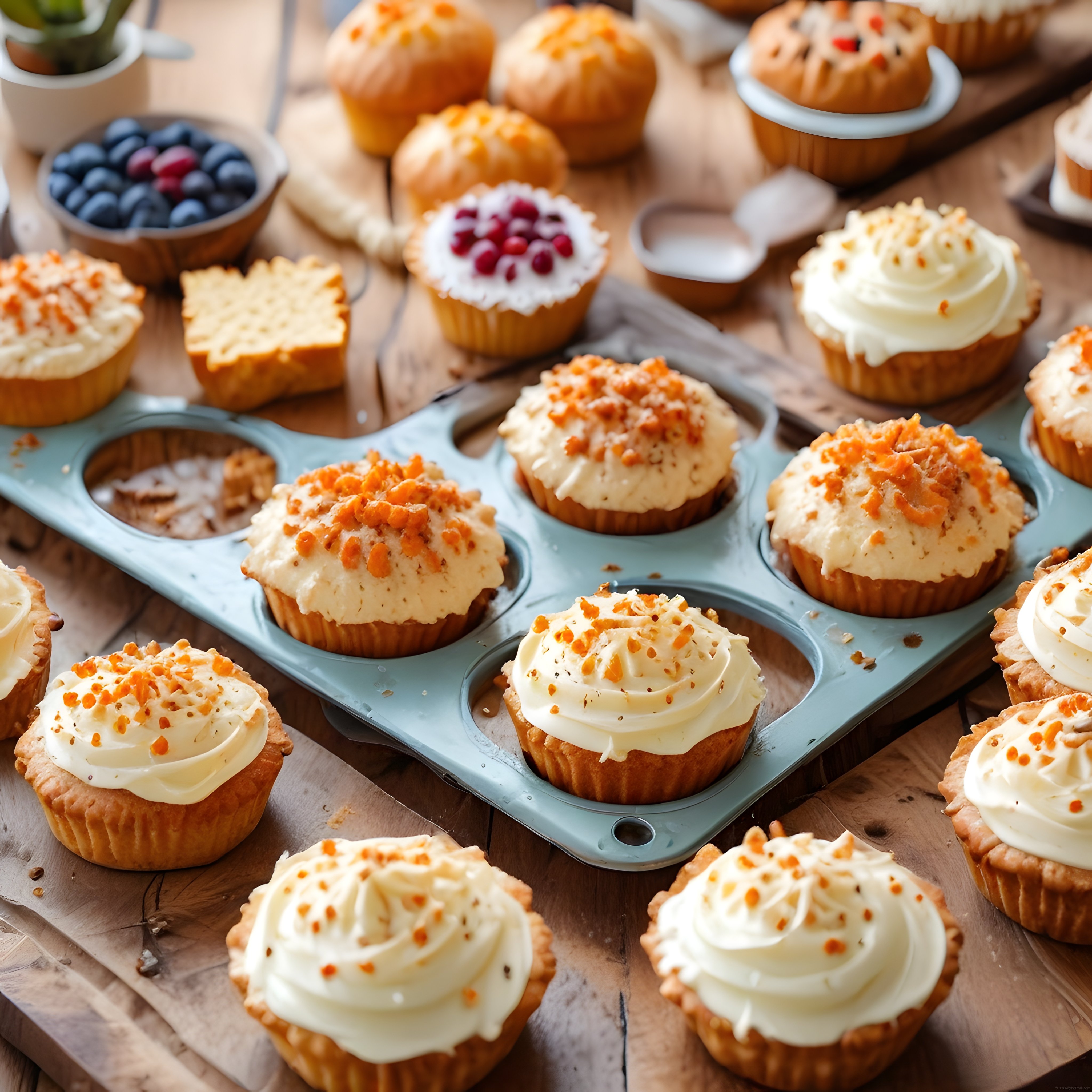 Ahşap Masada Fırından Taze Çıkmış Kremalı Cupcake ve Muffin Sunumu